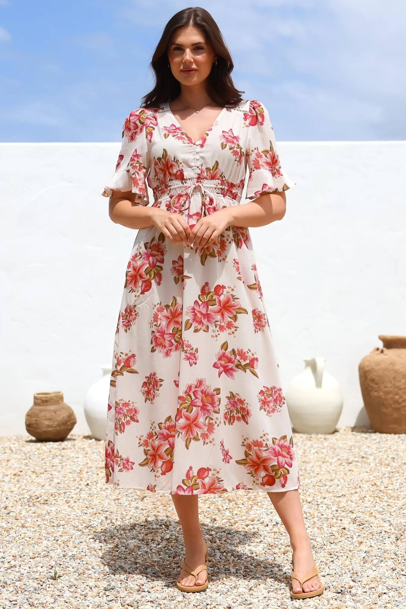 Vinnie Midi Dress - V-Neck Dress with Short Flutter Sleeves in Rosita Print - Image 4