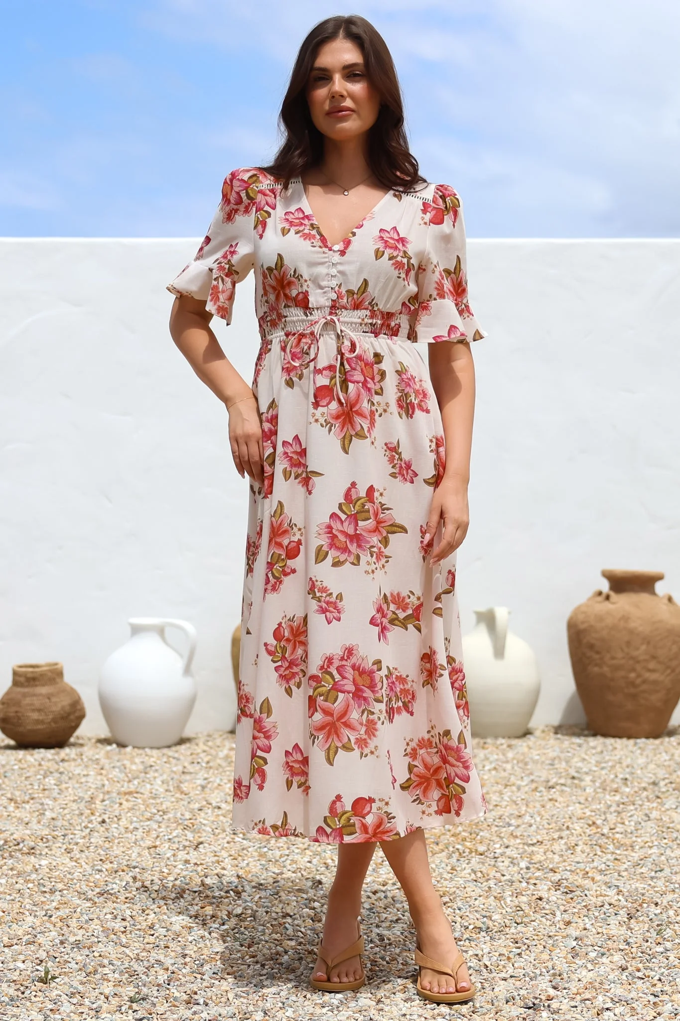 Vinnie Midi Dress - V-Neck Dress with Short Flutter Sleeves in Rosita Print - Image 5