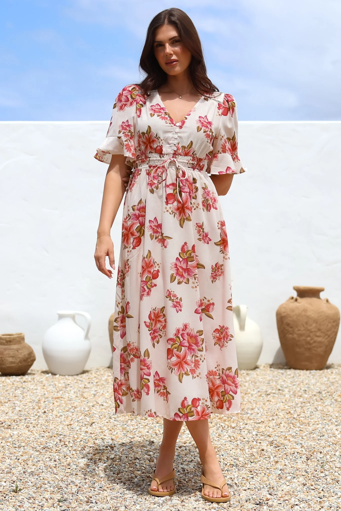 Vinnie Midi Dress - V-Neck Dress with Short Flutter Sleeves in Rosita Print - Image 7