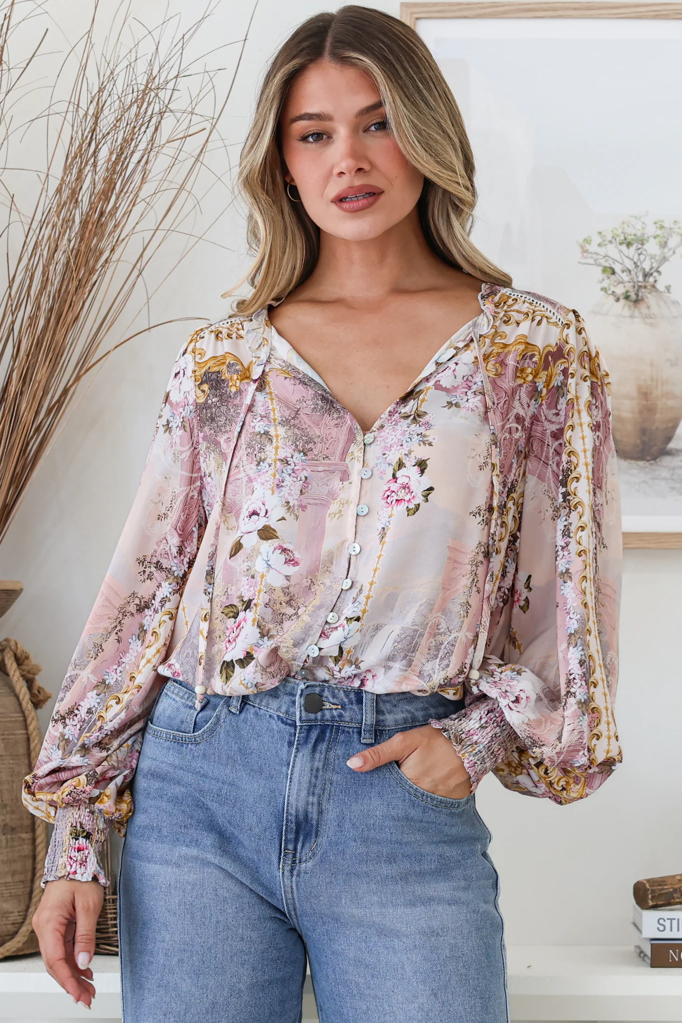 Violet Blouse - Frill Collar Button Down Balloon Sleeve Blouse In Baroque Print