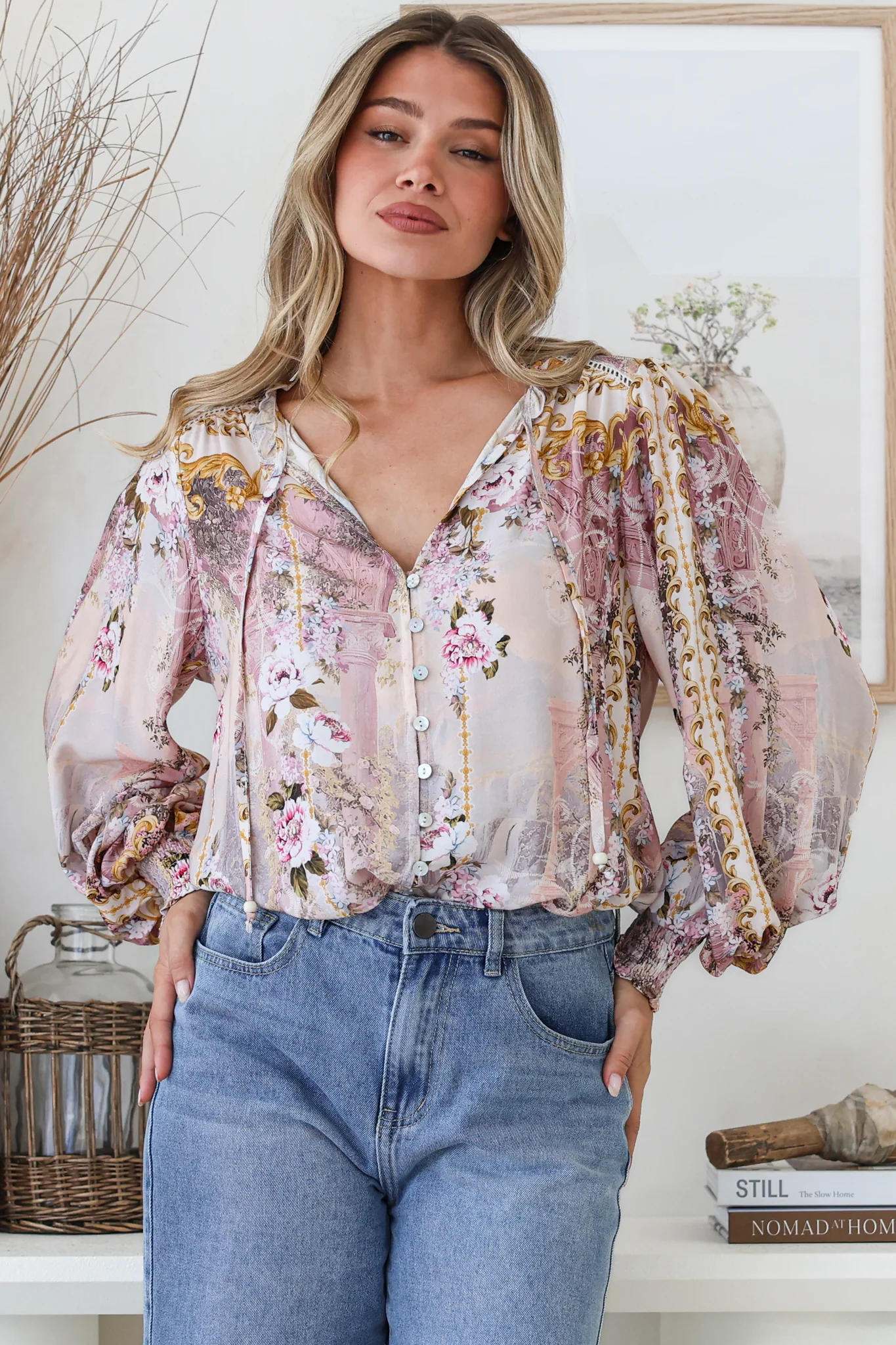 Violet Blouse - Frill Collar Button Down Balloon Sleeve Blouse In Baroque Print - Image 3