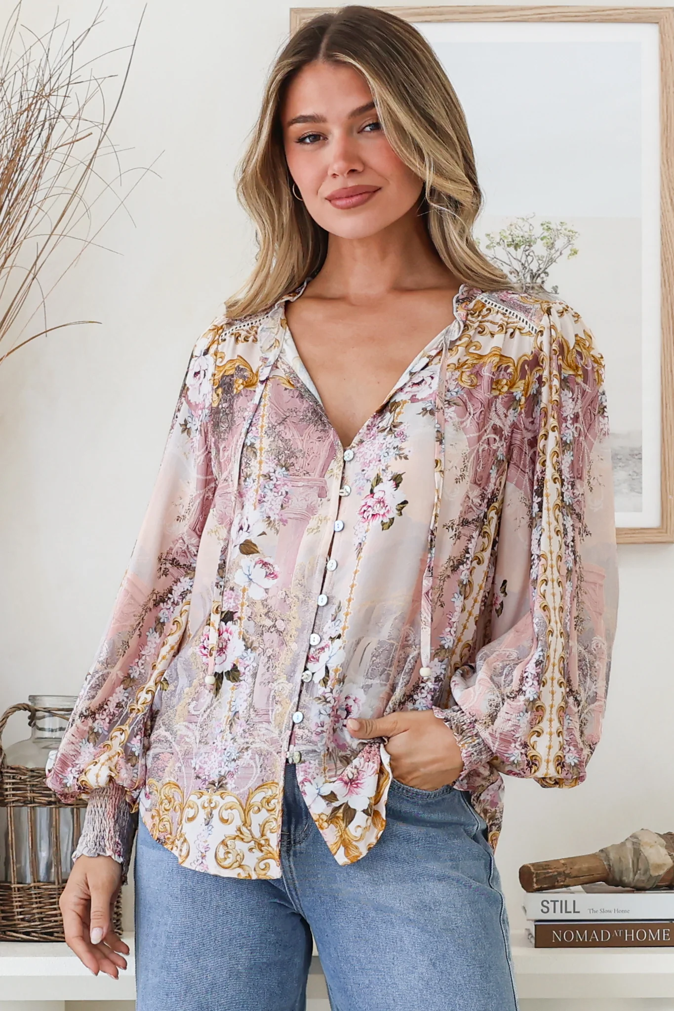 Violet Blouse - Frill Collar Button Down Balloon Sleeve Blouse In Baroque Print - Image 4