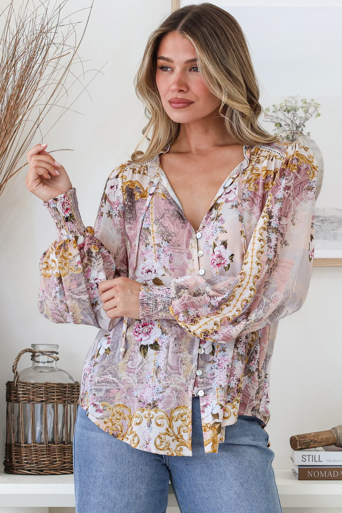 Violet Blouse - Frill Collar Button Down Balloon Sleeve Blouse In Baroque Print - Image 6