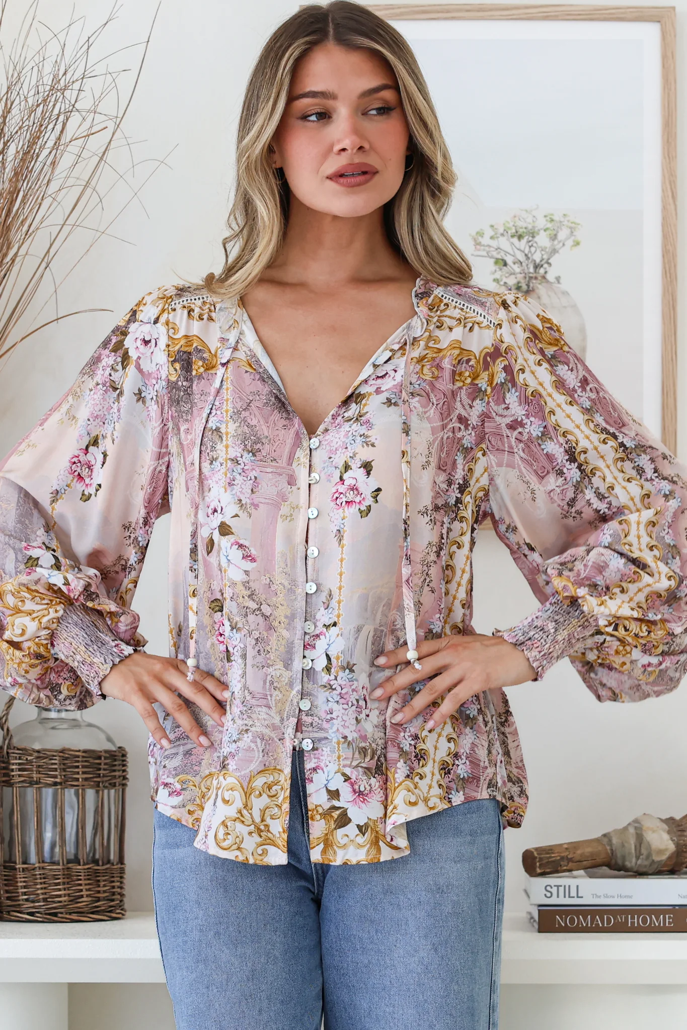 Violet Blouse - Frill Collar Button Down Balloon Sleeve Blouse In Baroque Print - Image 7