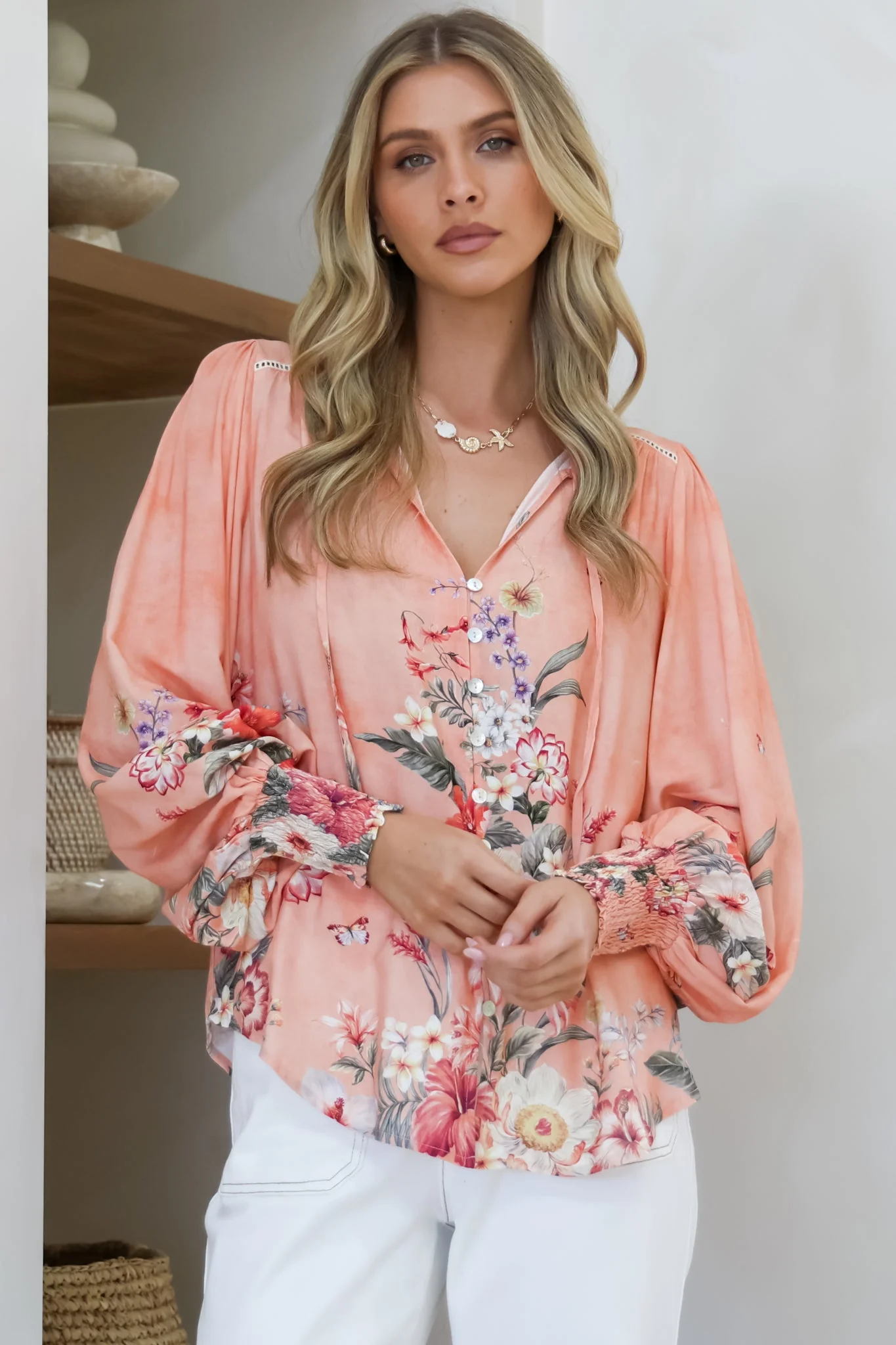 Violet Blouse - Frill Collar Button Down Balloon Sleeve Blouse In Evette Print - Image 3