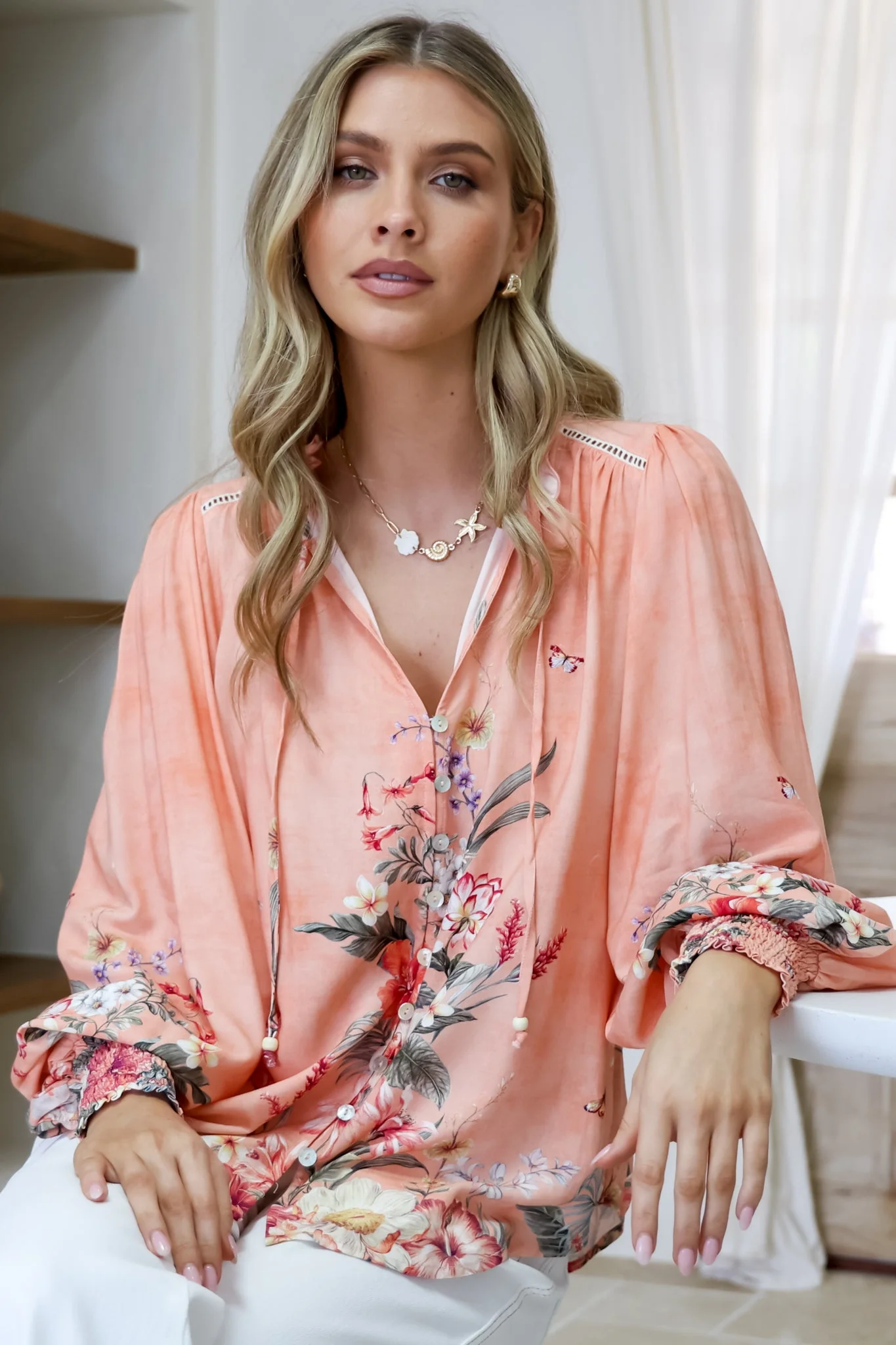 Violet Blouse - Frill Collar Button Down Balloon Sleeve Blouse In Evette Print - Image 6