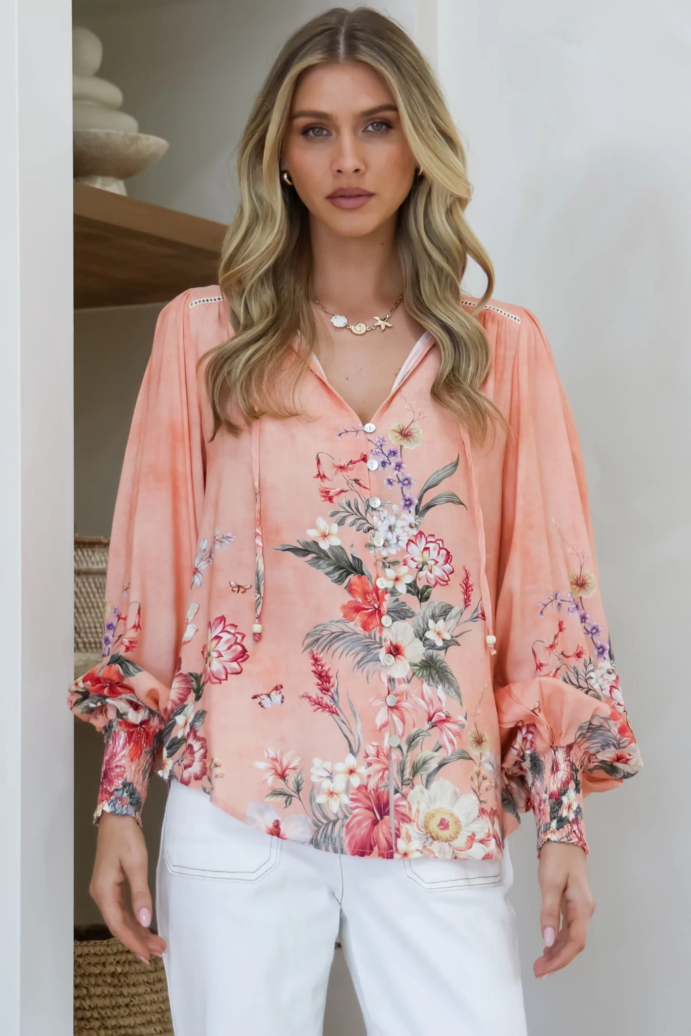 Violet Blouse - Frill Collar Button Down Balloon Sleeve Blouse In Evette Print - Image 7