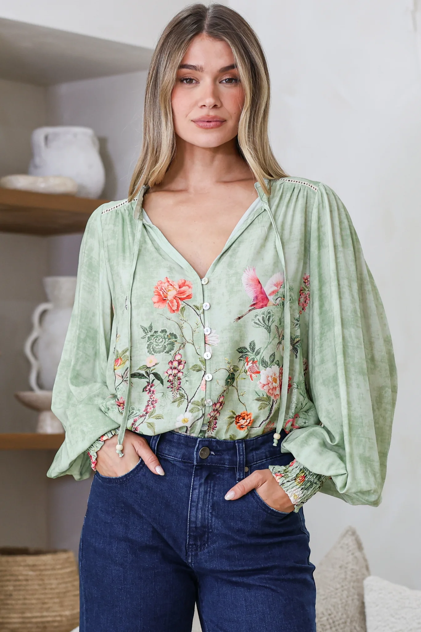 Violet Blouse - Frill Collar Button Down Balloon Sleeve Blouse In Ferngully Print