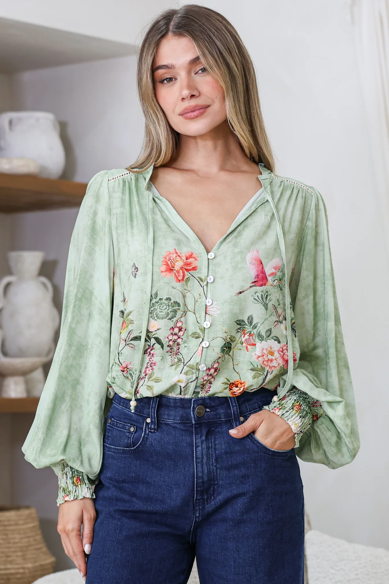 Violet Blouse - Frill Collar Button Down Balloon Sleeve Blouse In Ferngully Print - Image 3