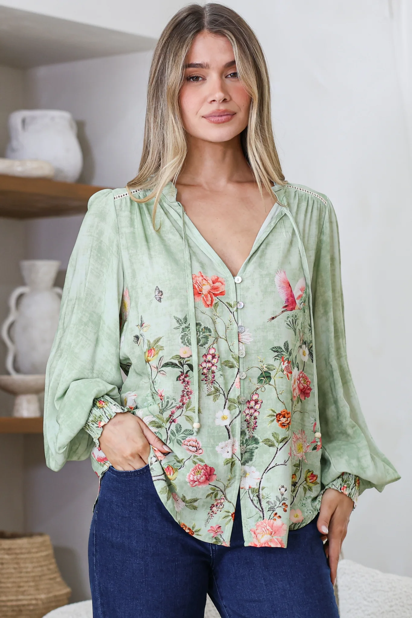 Violet Blouse - Frill Collar Button Down Balloon Sleeve Blouse In Ferngully Print - Image 5