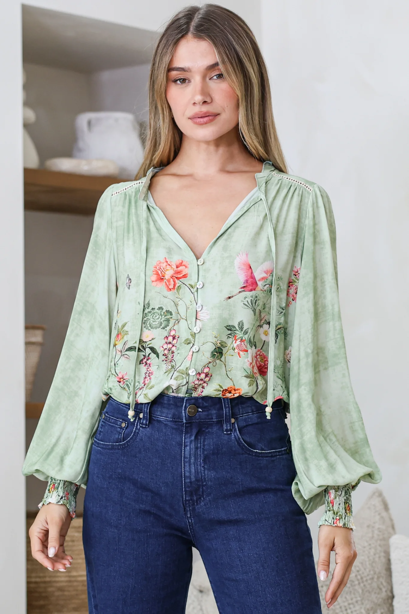 Violet Blouse - Frill Collar Button Down Balloon Sleeve Blouse In Ferngully Print - Image 6