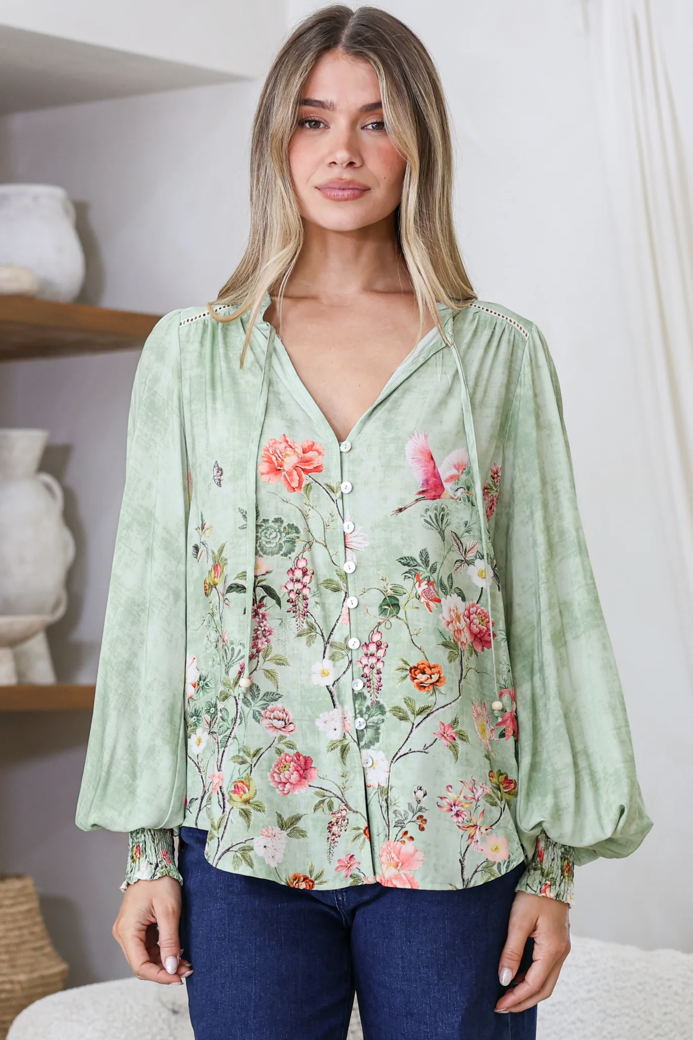 Violet Blouse - Frill Collar Button Down Balloon Sleeve Blouse In Ferngully Print - Image 7