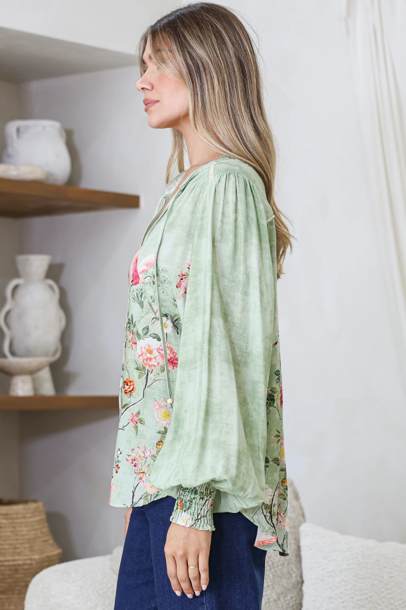 Violet Blouse - Frill Collar Button Down Balloon Sleeve Blouse In Ferngully Print - Image 8