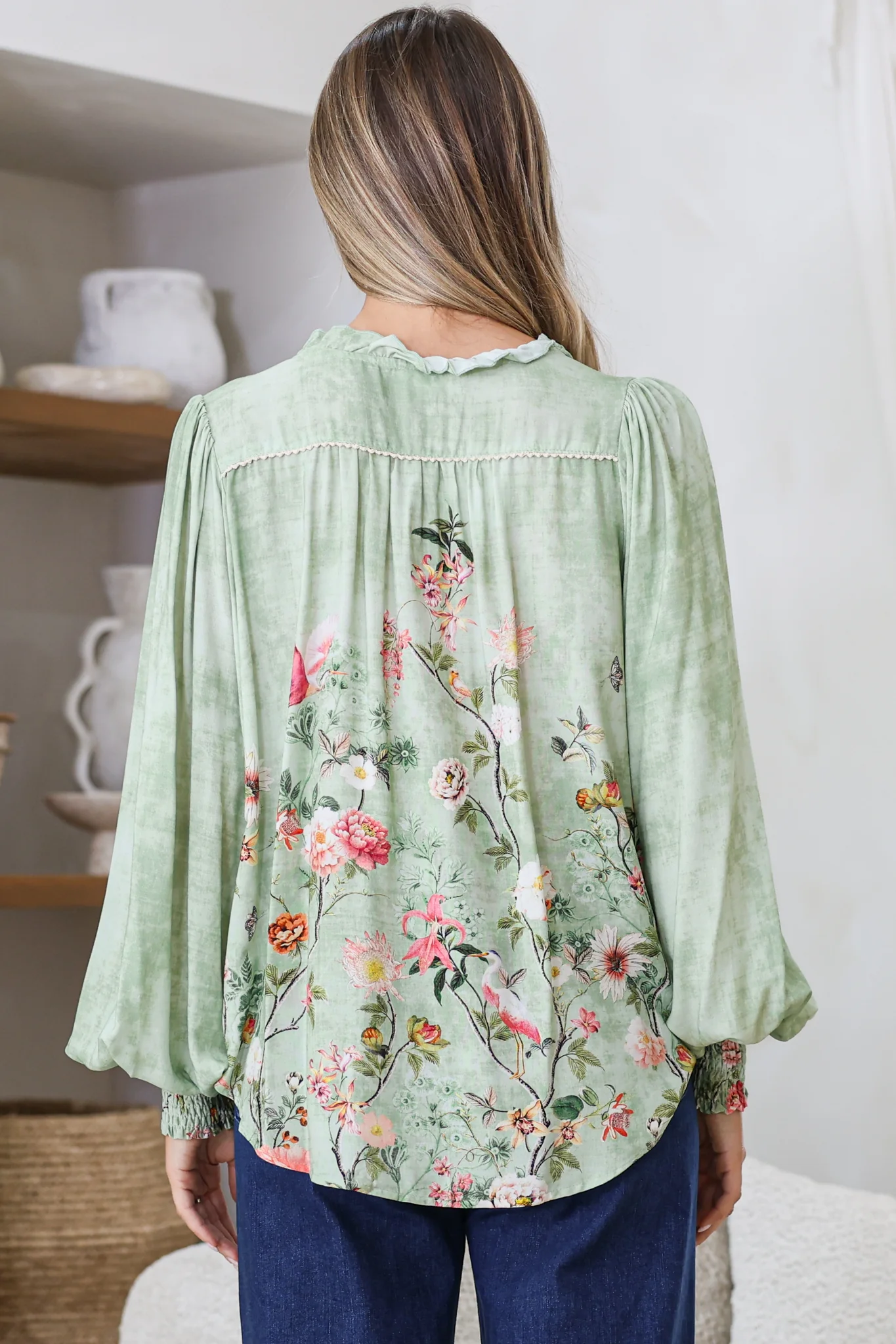 Violet Blouse - Frill Collar Button Down Balloon Sleeve Blouse In Ferngully Print - Image 9
