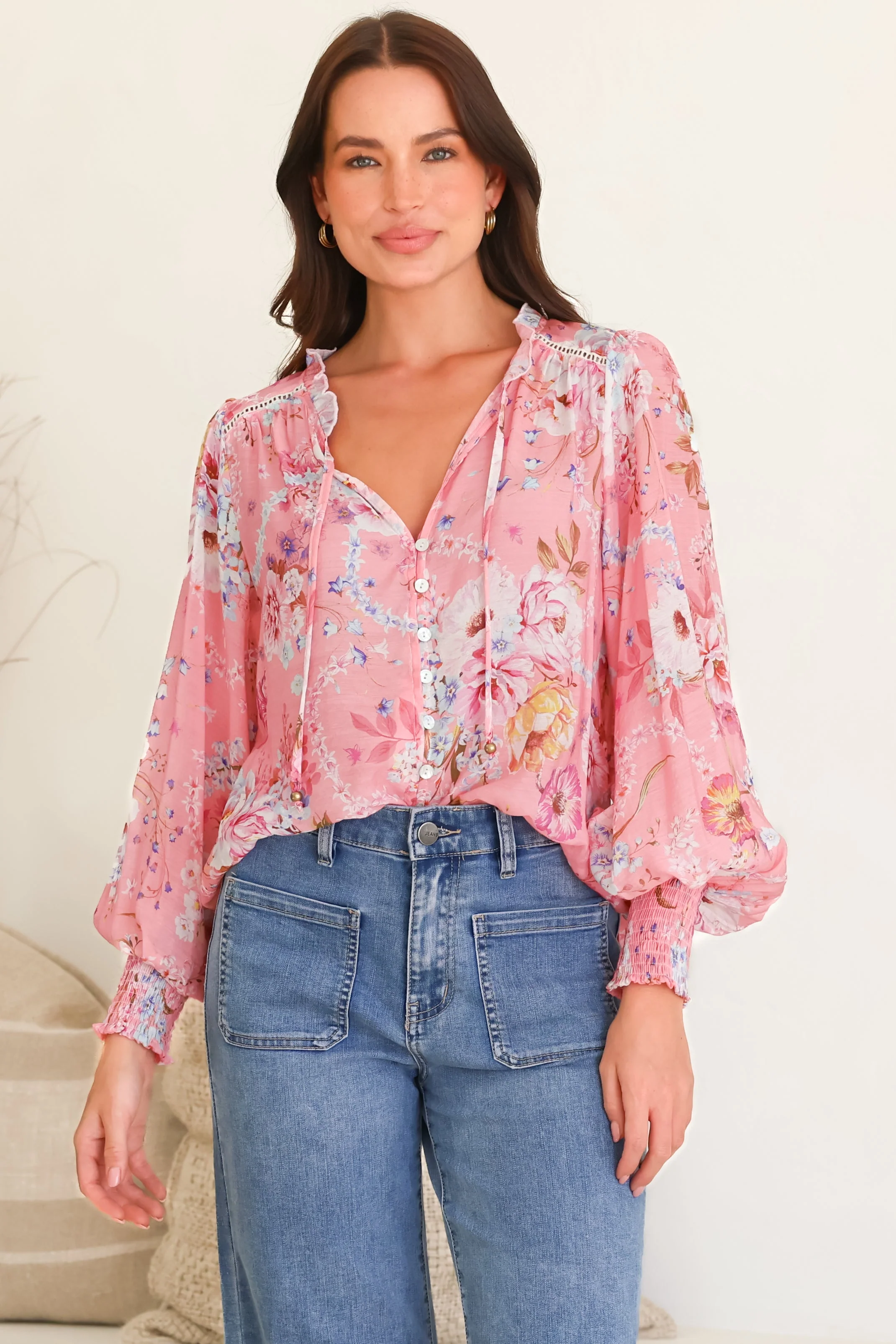 Violet Blouse - Frill Collar Button Down Balloon Sleeve Blouse In Ginnee Print