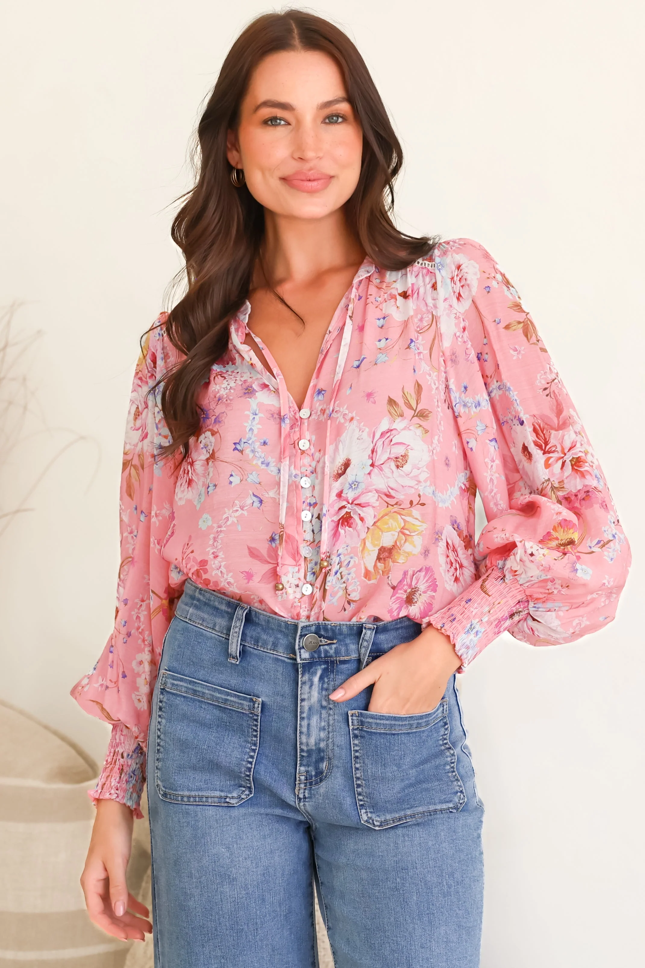 Violet Blouse - Frill Collar Button Down Balloon Sleeve Blouse In Ginnee Print - Image 2