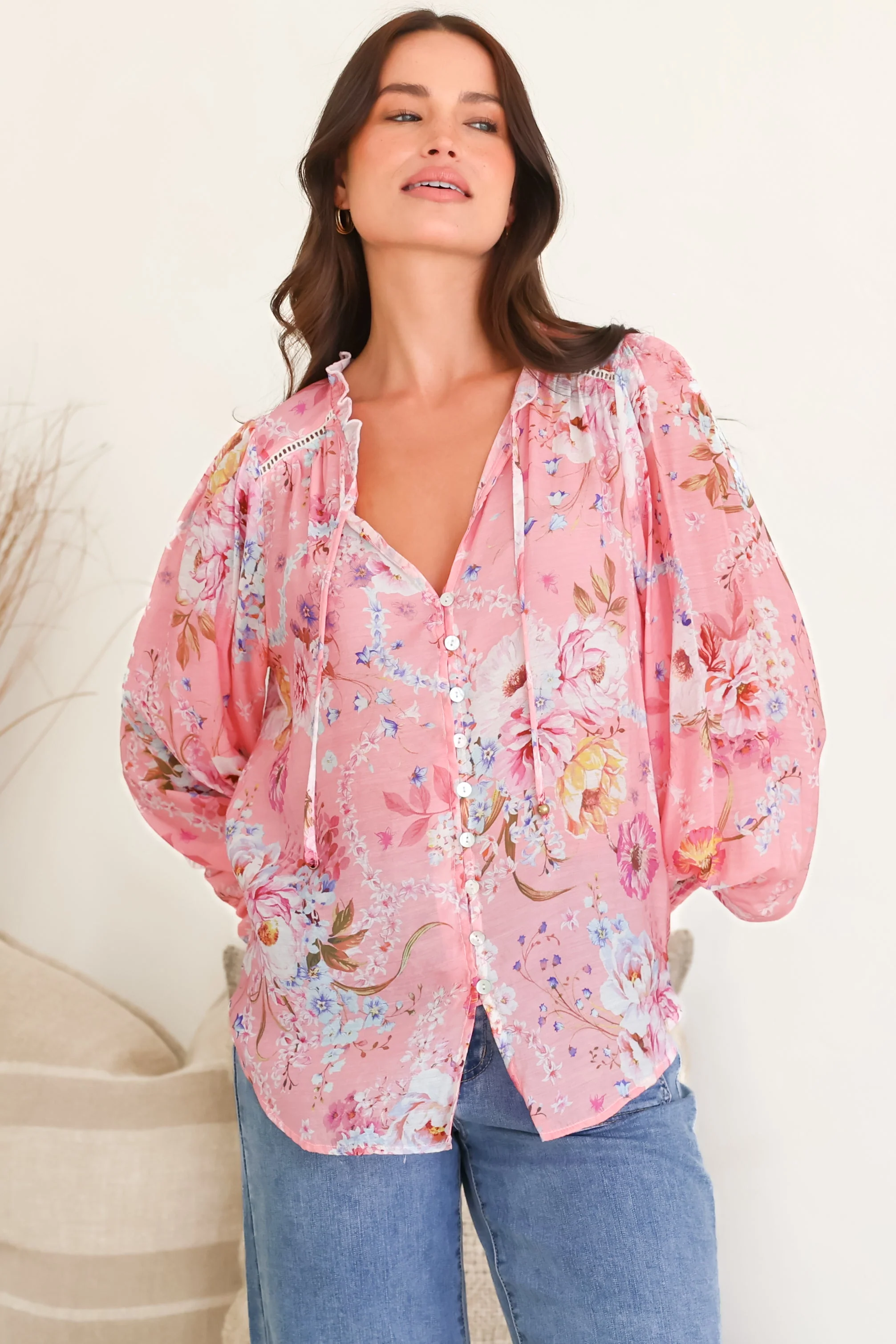 Violet Blouse - Frill Collar Button Down Balloon Sleeve Blouse In Ginnee Print - Image 5