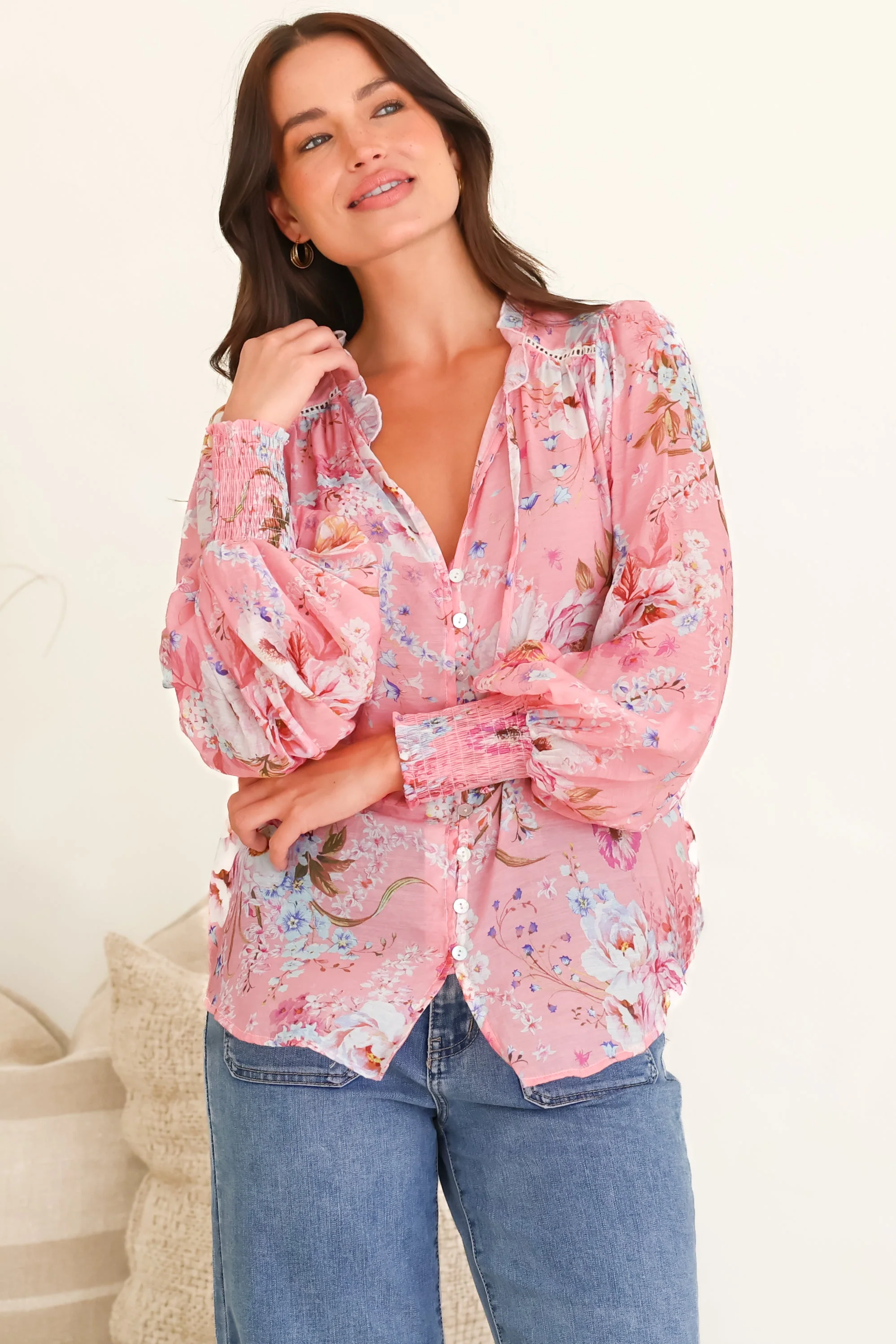 Violet Blouse - Frill Collar Button Down Balloon Sleeve Blouse In Ginnee Print - Image 6