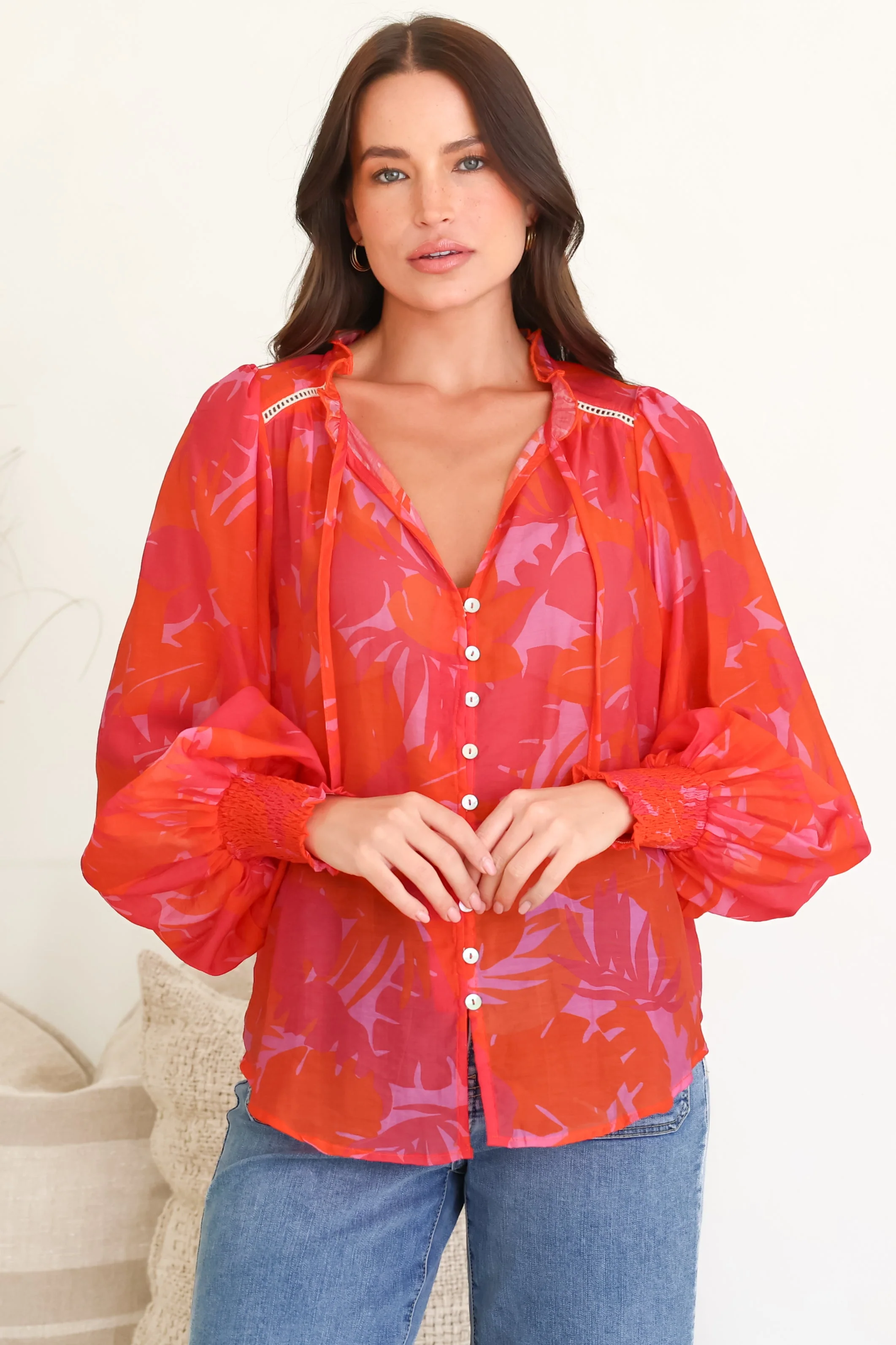 Violet Blouse - Frill Collar Button Down Balloon Sleeve Blouse In Vallie Print - Image 2