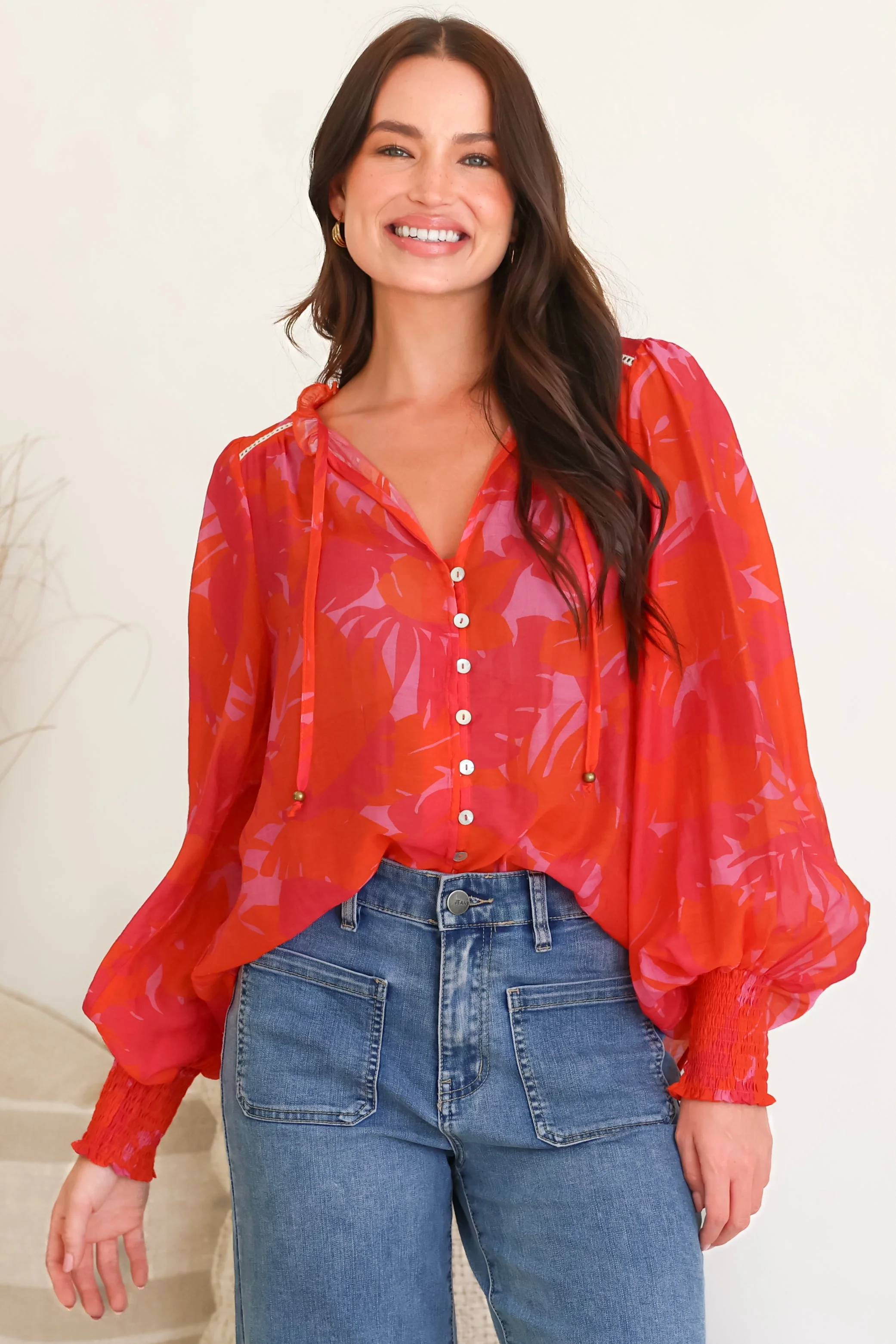 Violet Blouse - Frill Collar Button Down Balloon Sleeve Blouse In Vallie Print - Image 3