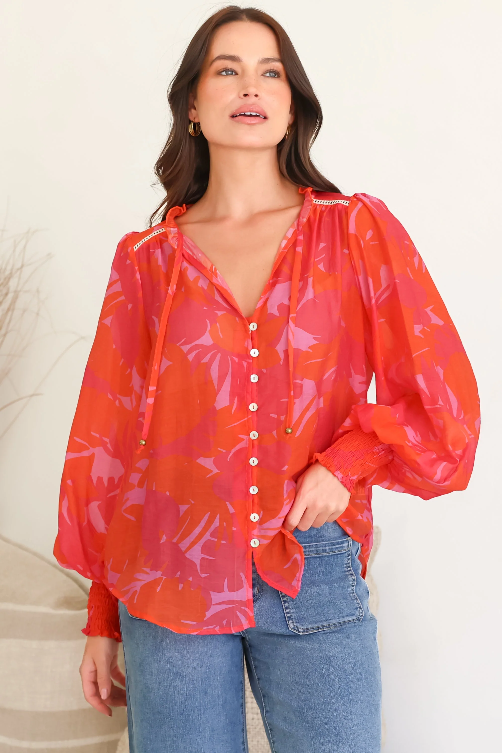 Violet Blouse - Frill Collar Button Down Balloon Sleeve Blouse In Vallie Print - Image 4