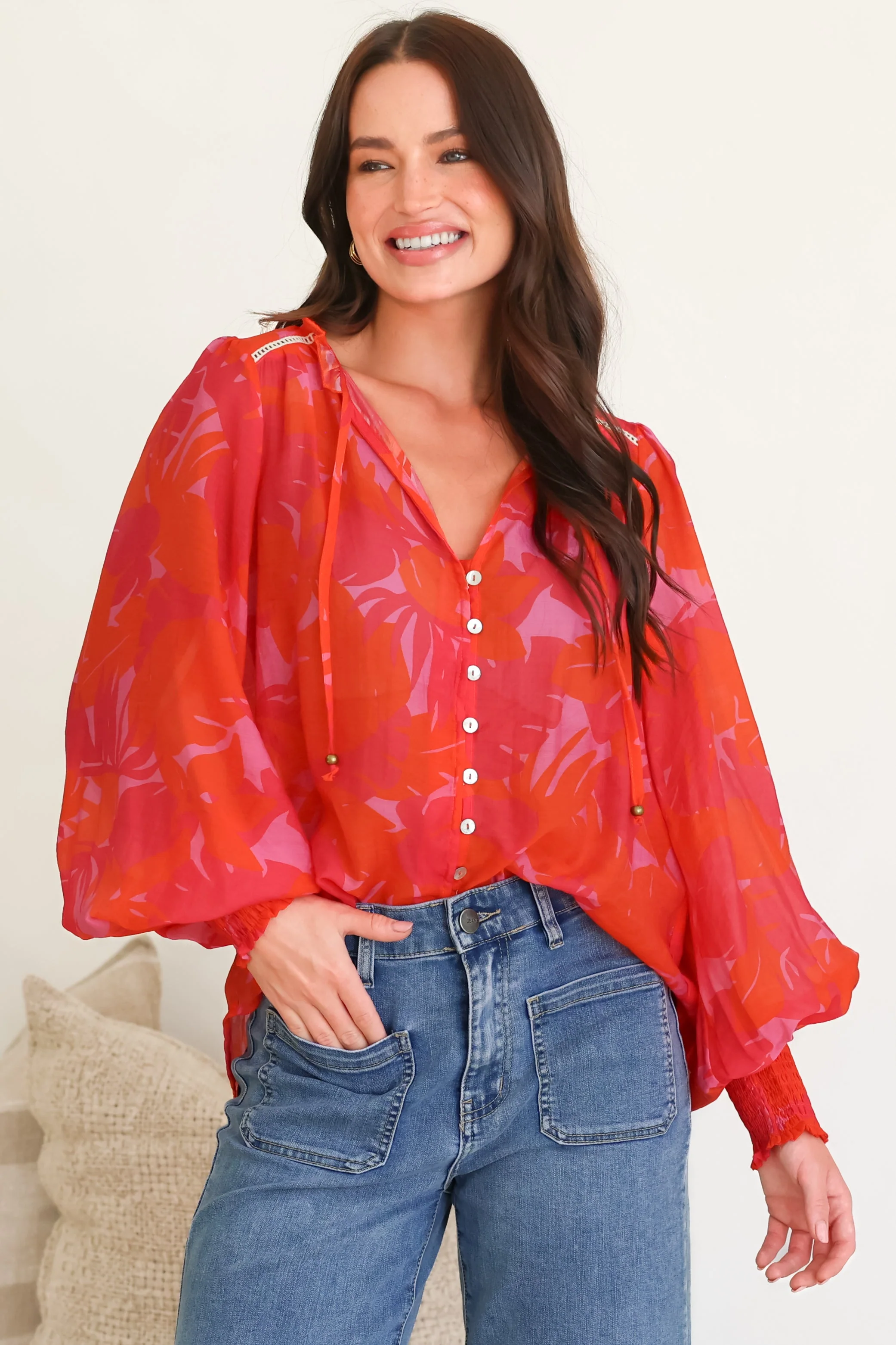 Violet Blouse - Frill Collar Button Down Balloon Sleeve Blouse In Vallie Print - Image 5