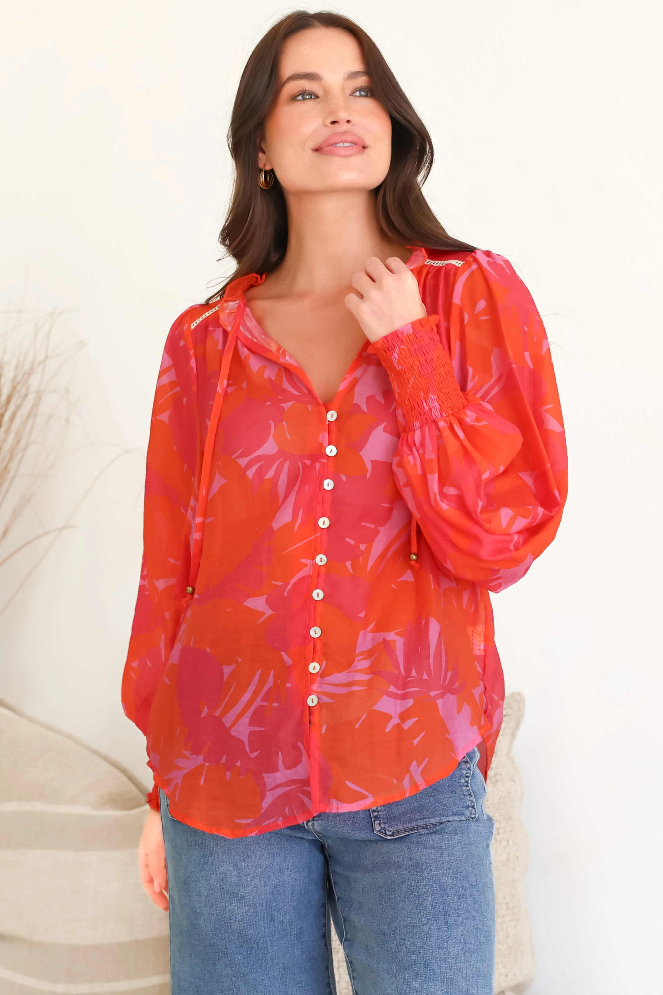 Violet Blouse - Frill Collar Button Down Balloon Sleeve Blouse In Vallie Print - Image 6