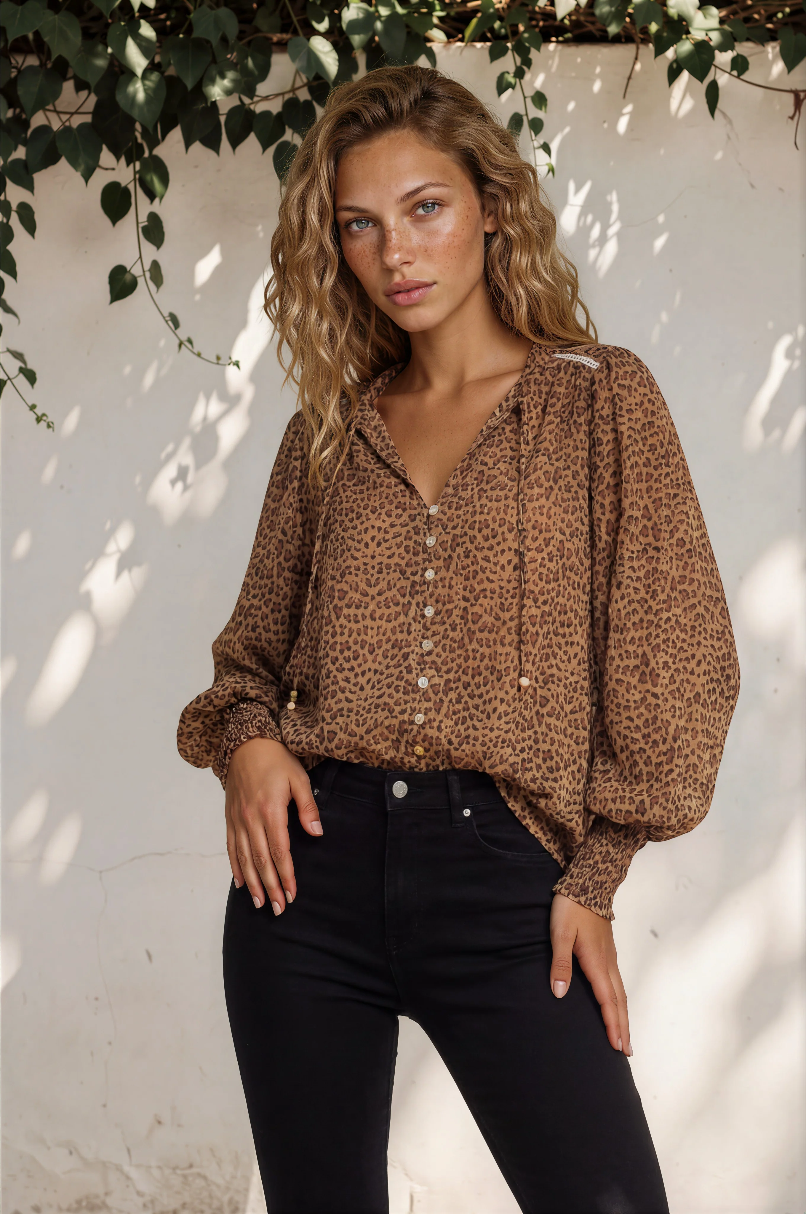 Violet Blouse - Frill Collar Button Down Balloon Sleeve Blouse In Wyatt Print - Image 4
