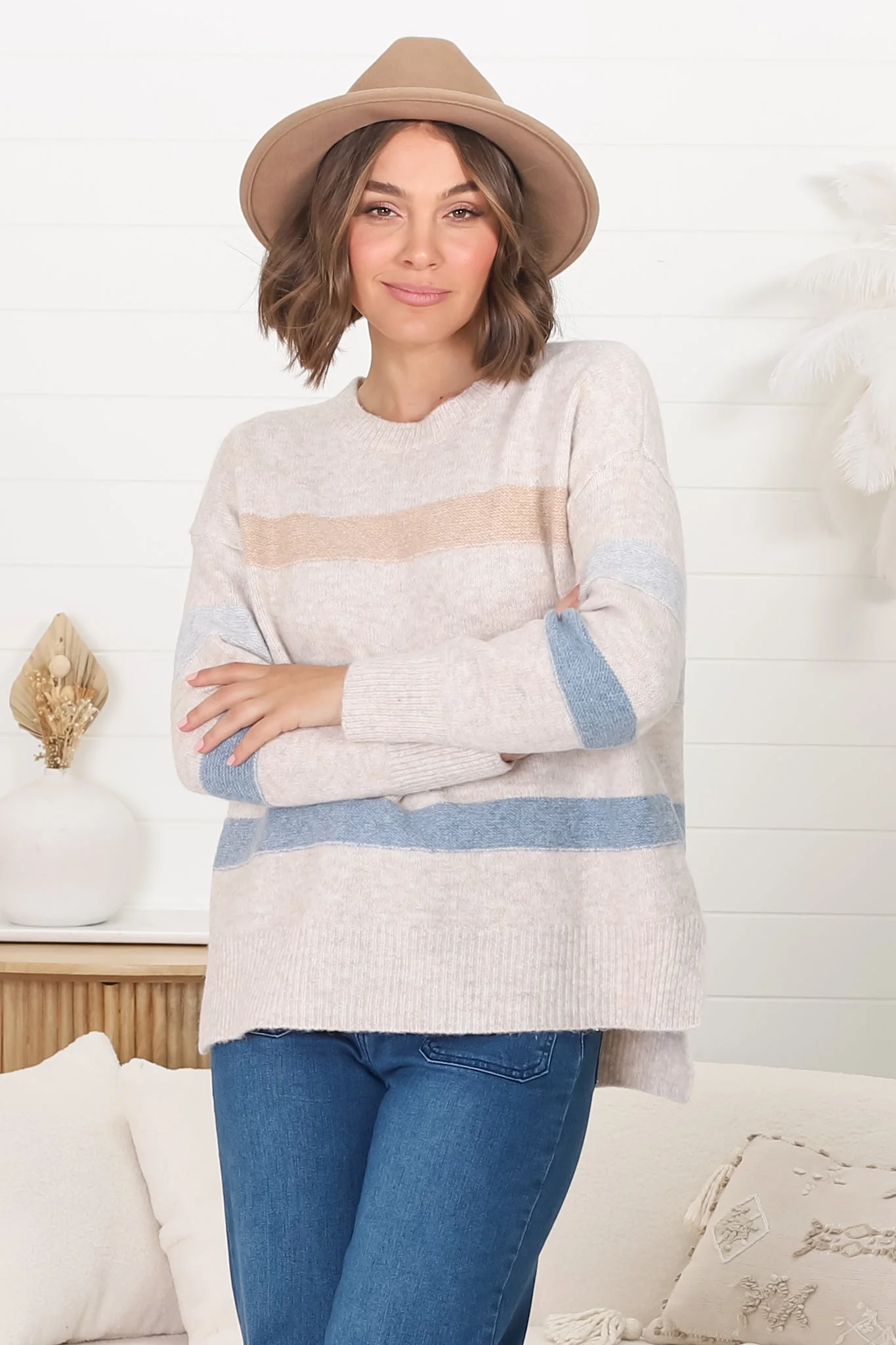 Wendi Jumper - High-Low Stripe Wool Blend Jumper in Oat - Image 16