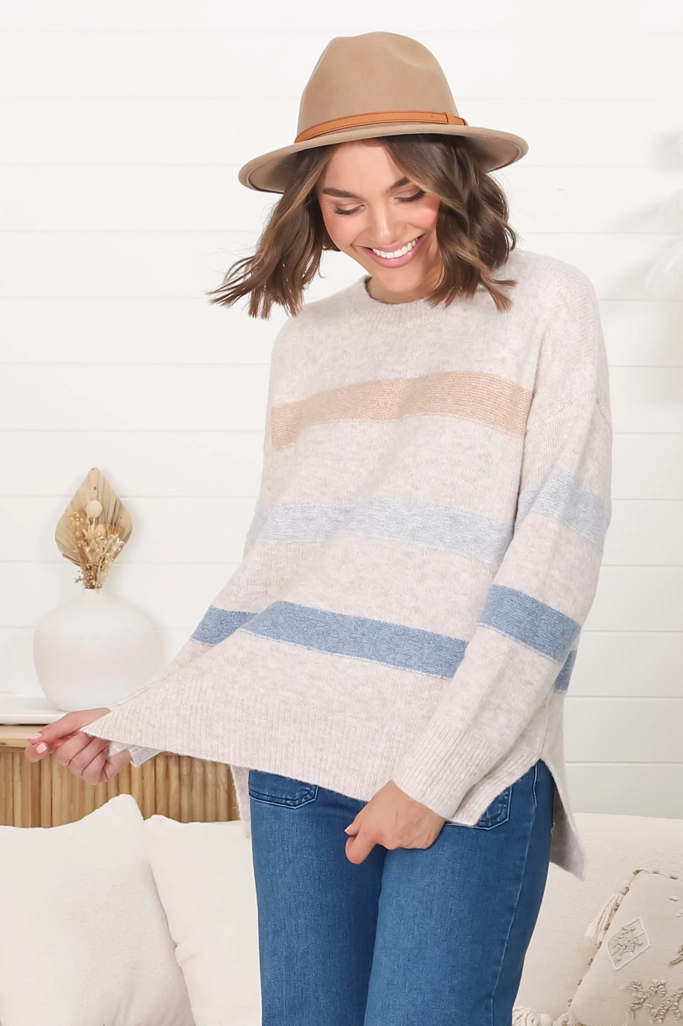 Wendi Jumper - High-Low Stripe Wool Blend Jumper in Oat - Image 9