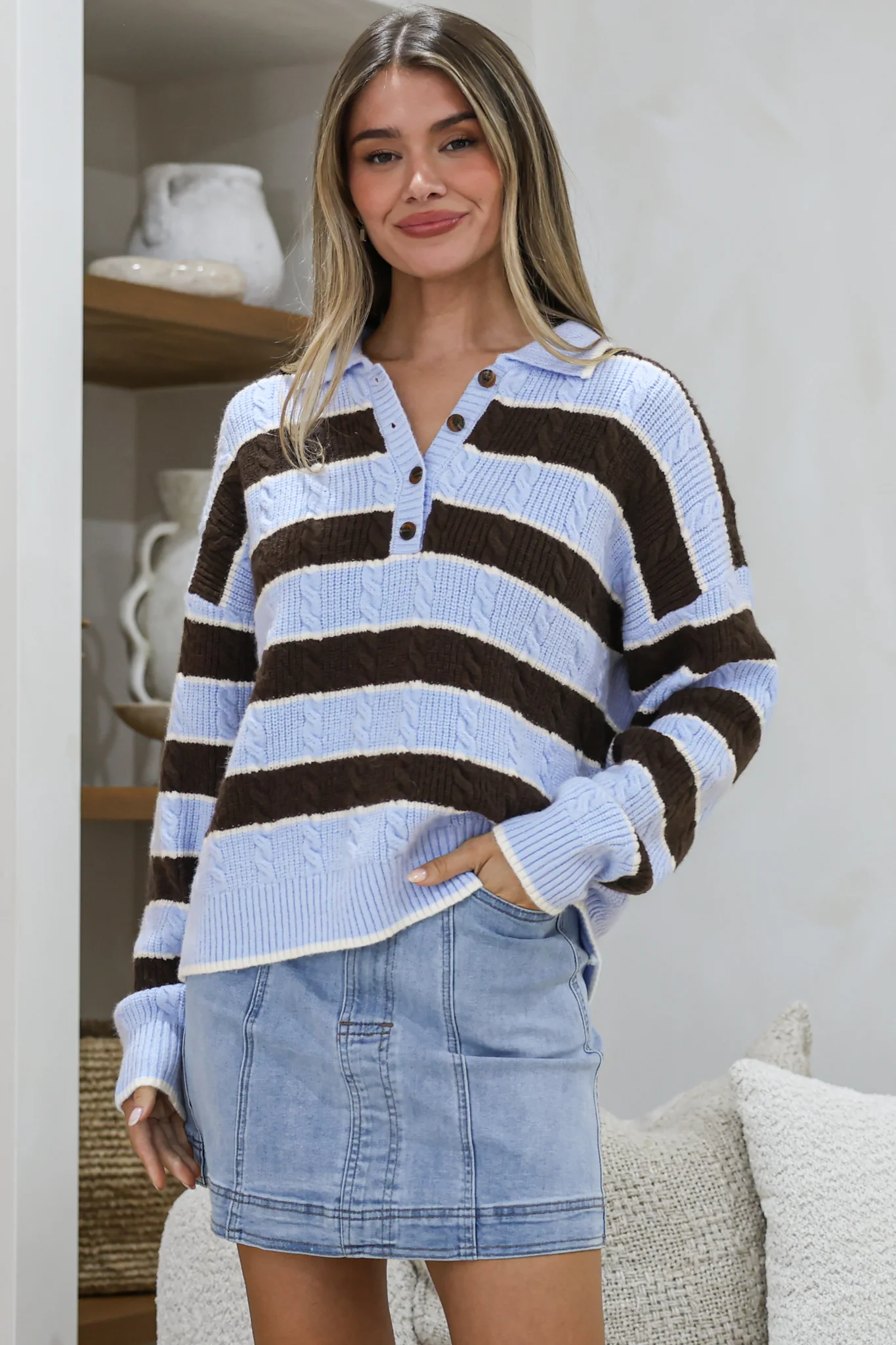 Westley Jumper - Wing Collared Striped Cable Knit with Buttoned Neckline in Blue/Coffee