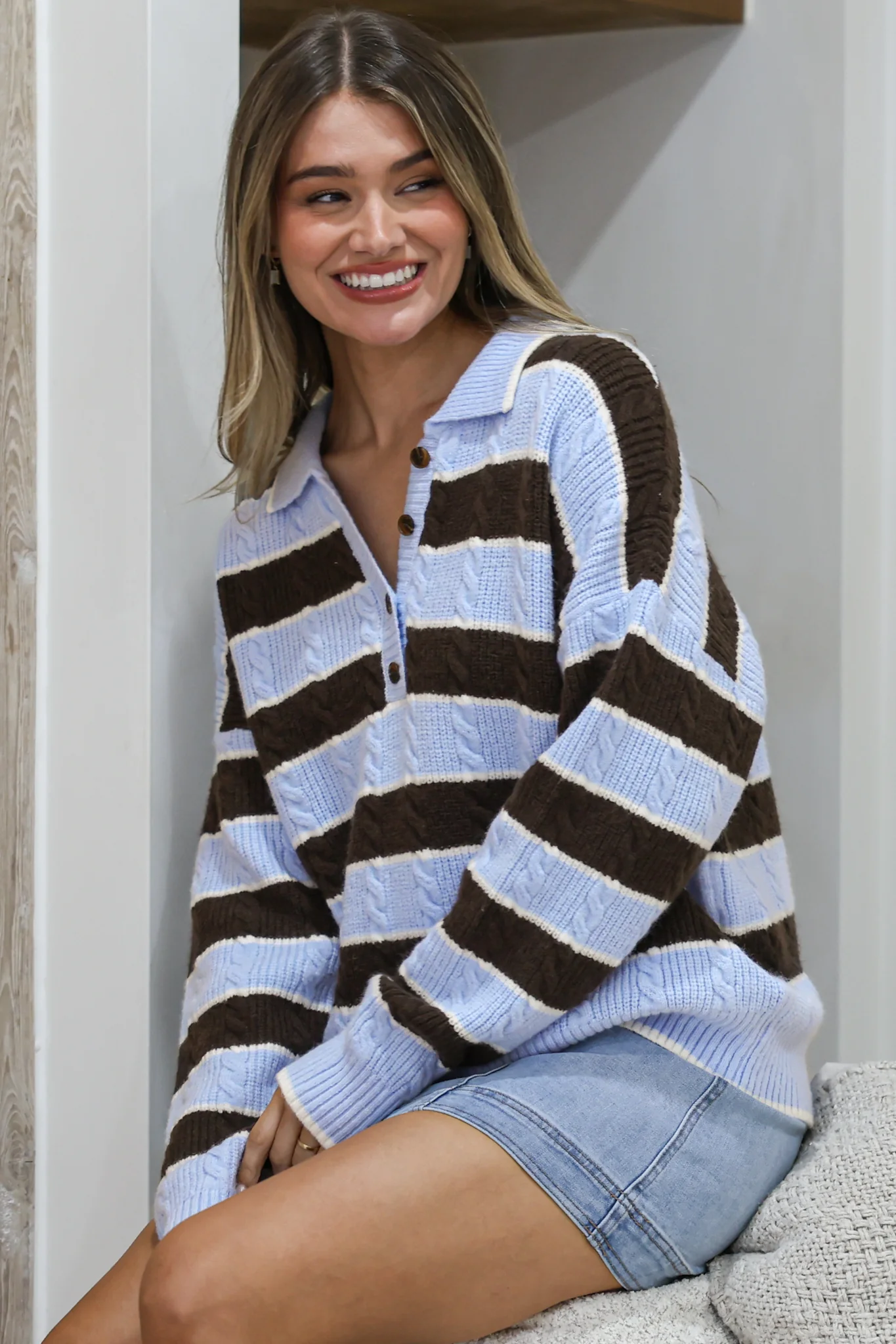 Westley Jumper - Wing Collared Striped Cable Knit with Buttoned Neckline in Blue/Coffee - Image 4