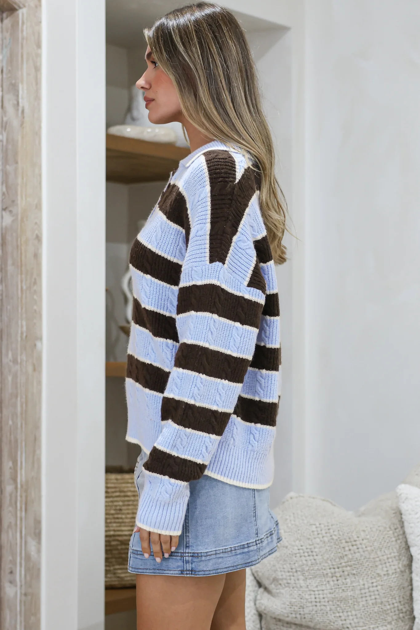 Westley Jumper - Wing Collared Striped Cable Knit with Buttoned Neckline in Blue/Coffee - Image 6
