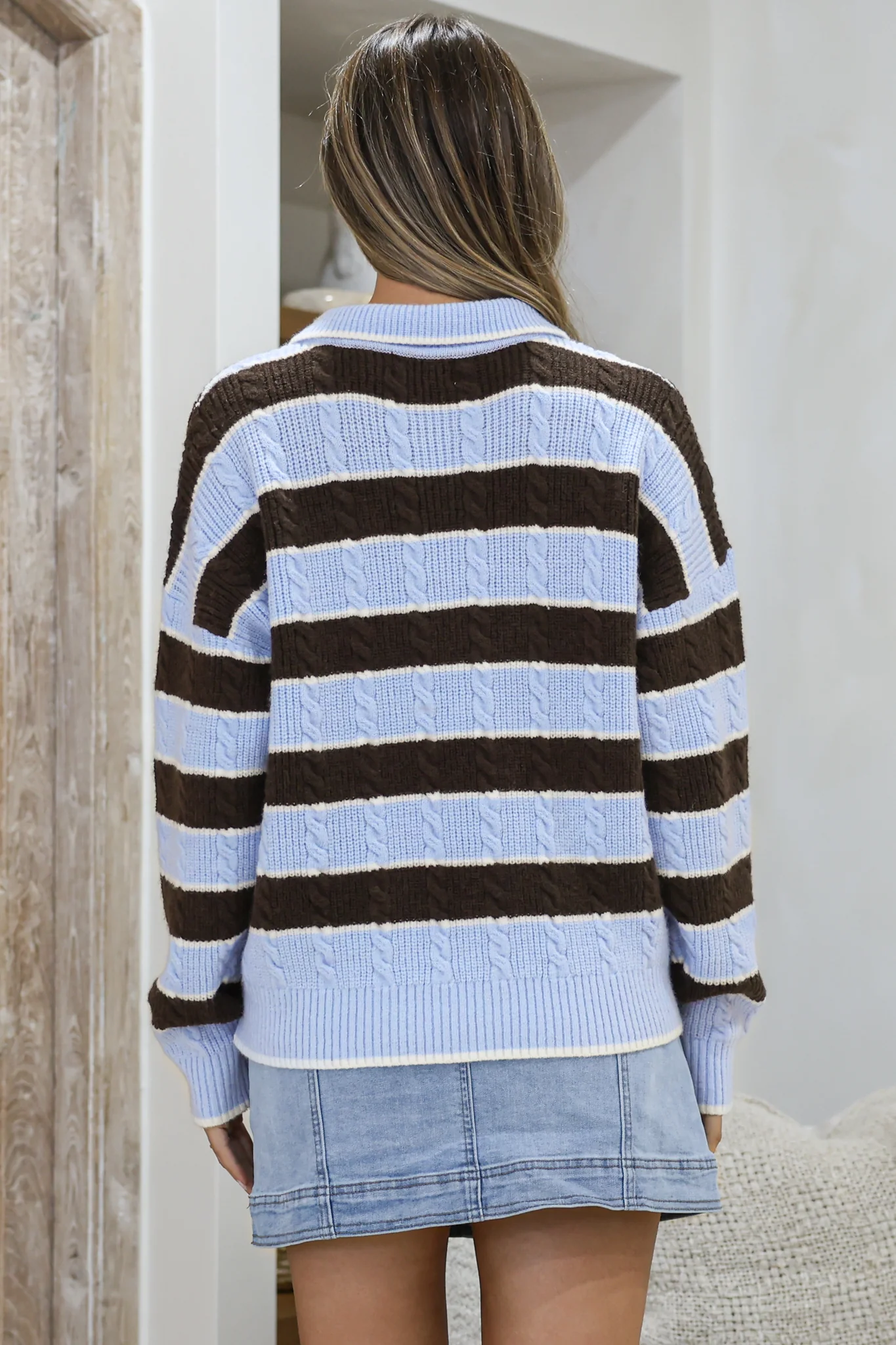 Westley Jumper - Wing Collared Striped Cable Knit with Buttoned Neckline in Blue/Coffee - Image 7