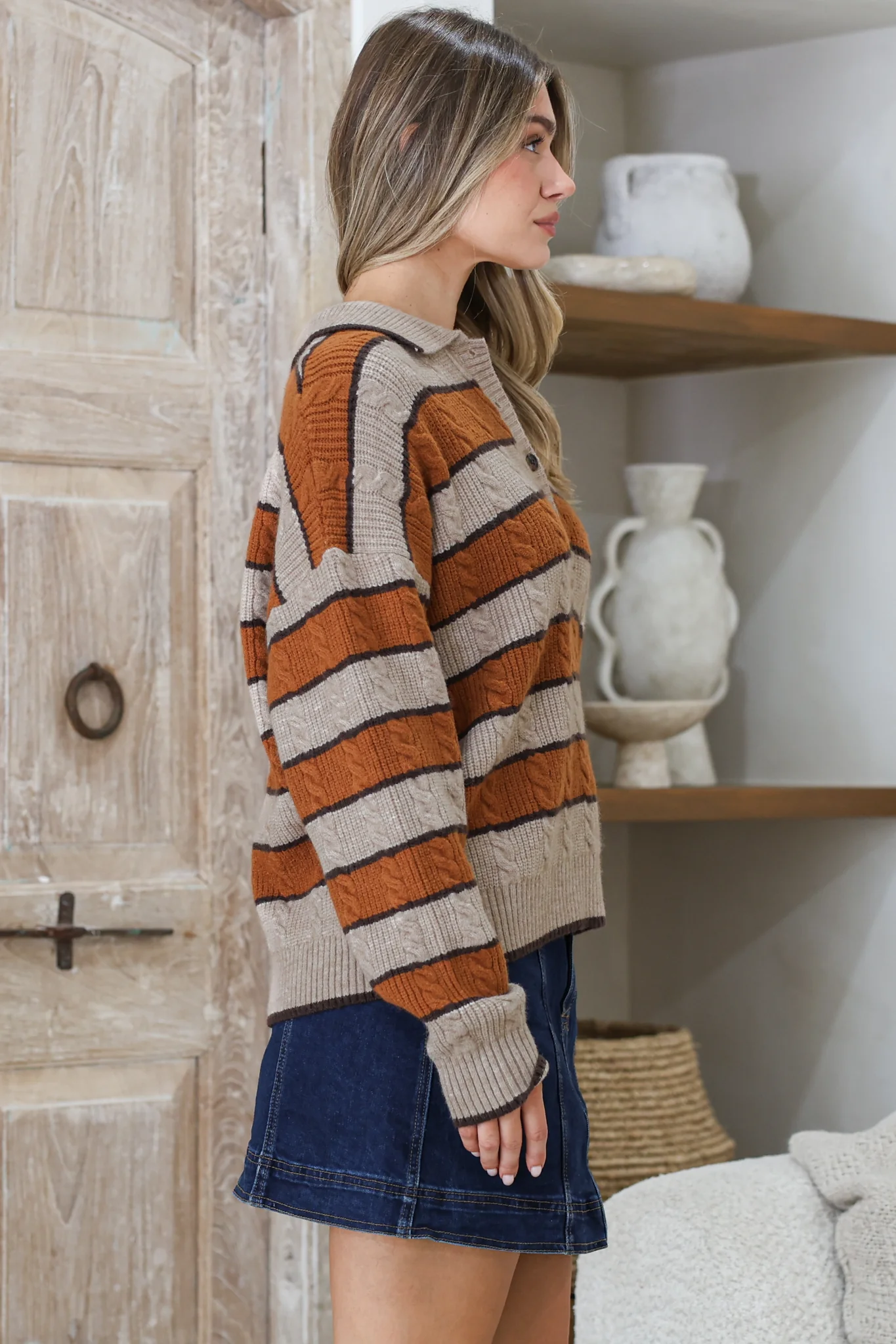 Westley Jumper - Wing Collared Striped Cable Knit with Buttoned Neckline in Taupe - Image 7