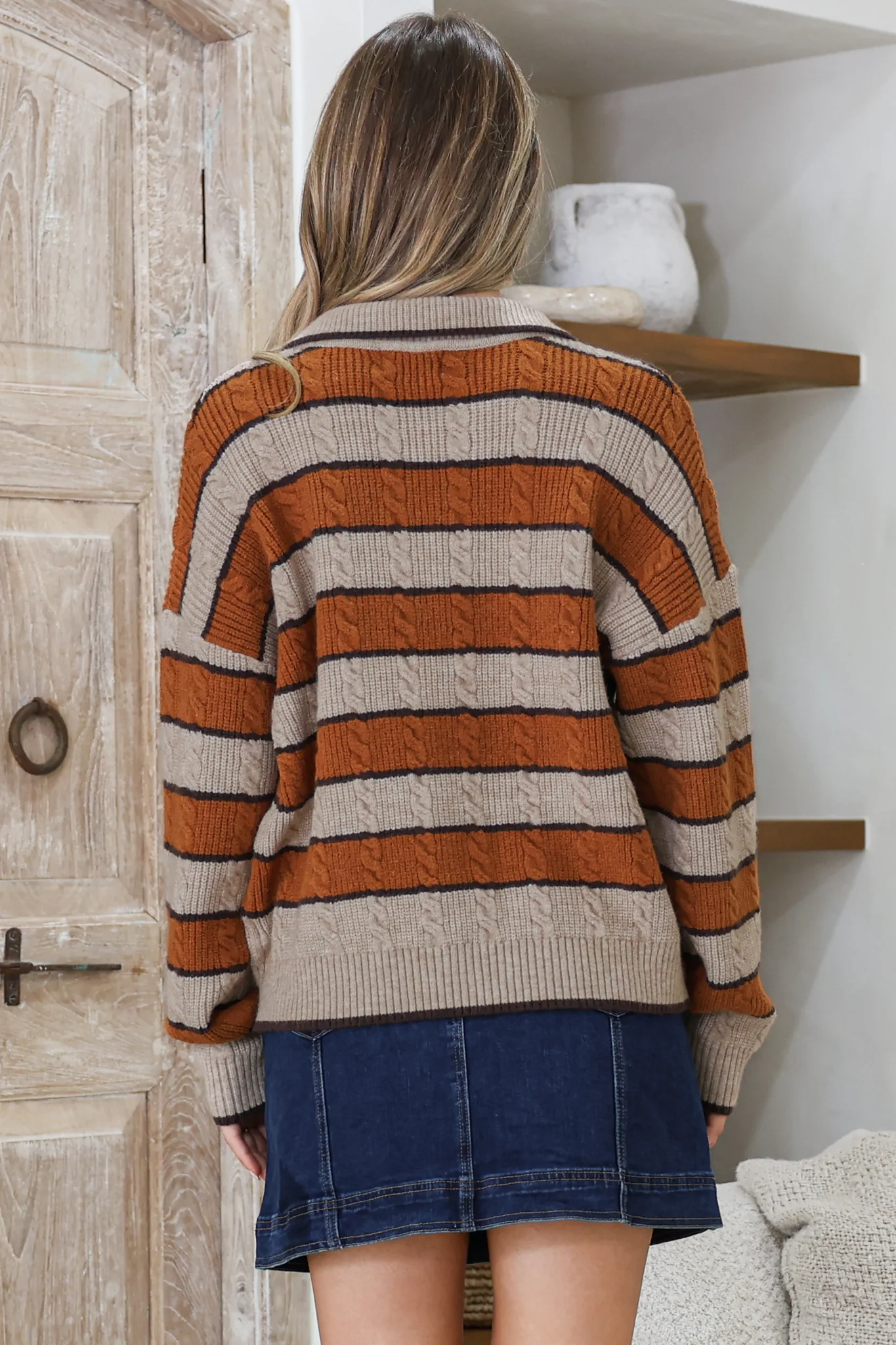 Westley Jumper - Wing Collared Striped Cable Knit with Buttoned Neckline in Taupe - Image 8