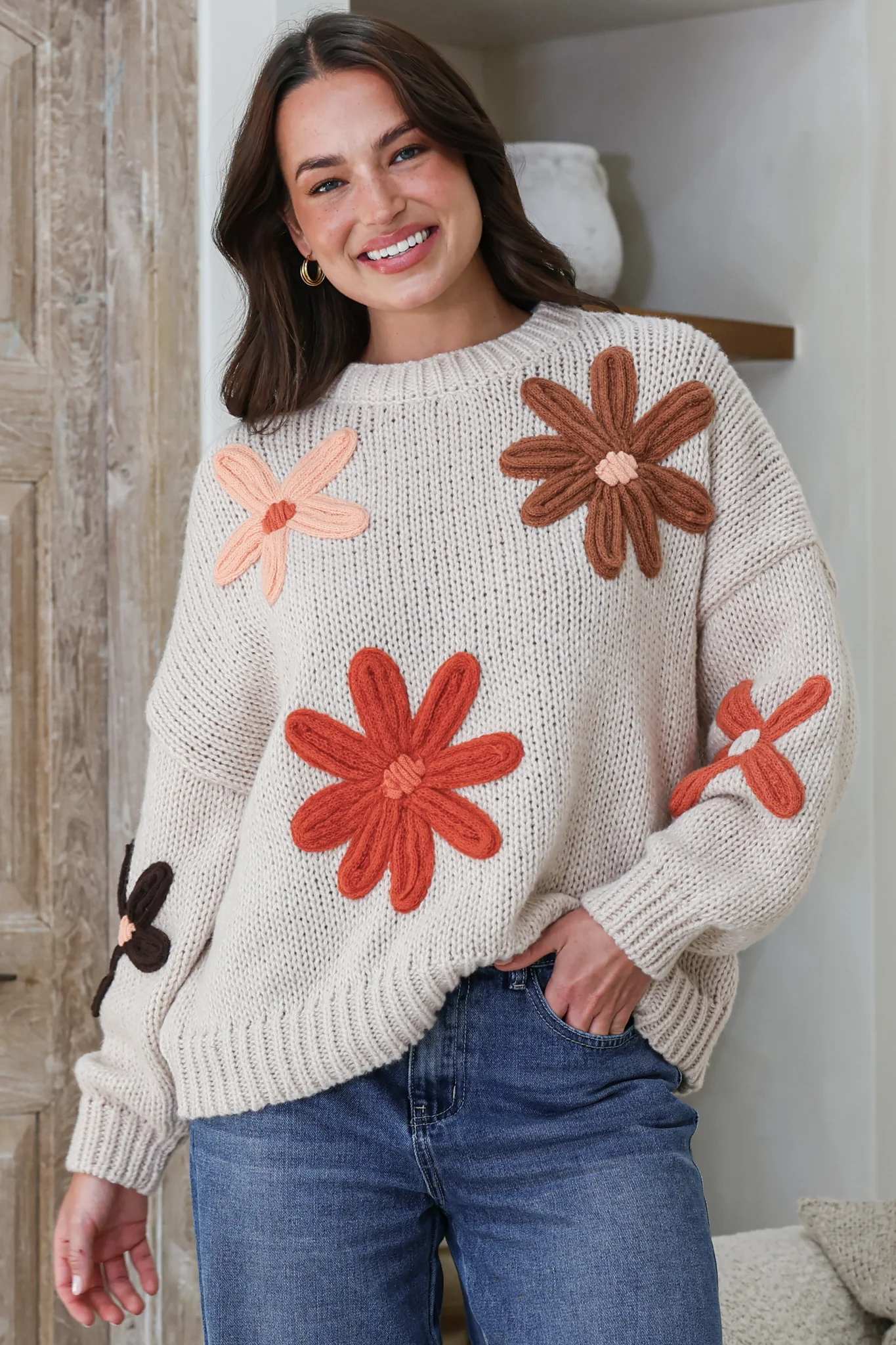 Wildflower Jumper - Chunky Knit Jumper with Flower Decals in Beige Multi