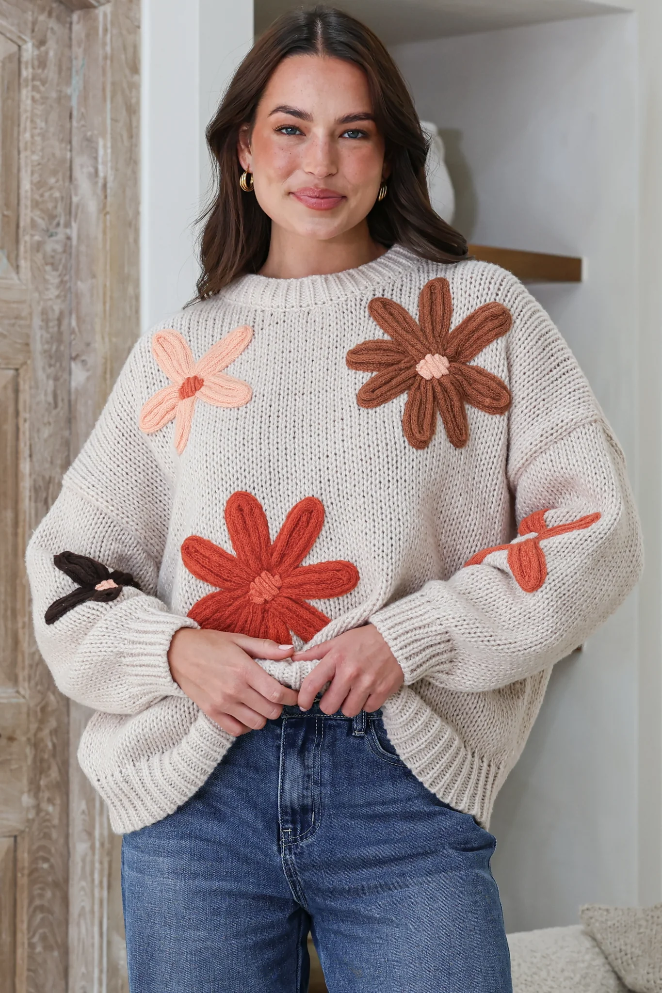 Wildflower Jumper - Chunky Knit Jumper with Flower Decals in Beige Multi - Image 2