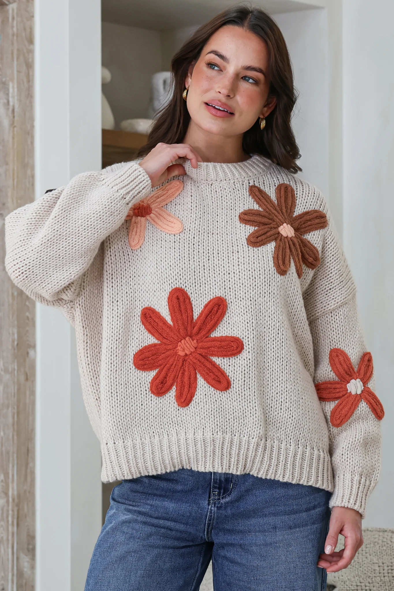 Wildflower Jumper - Chunky Knit Jumper with Flower Decals in Beige Multi - Image 3