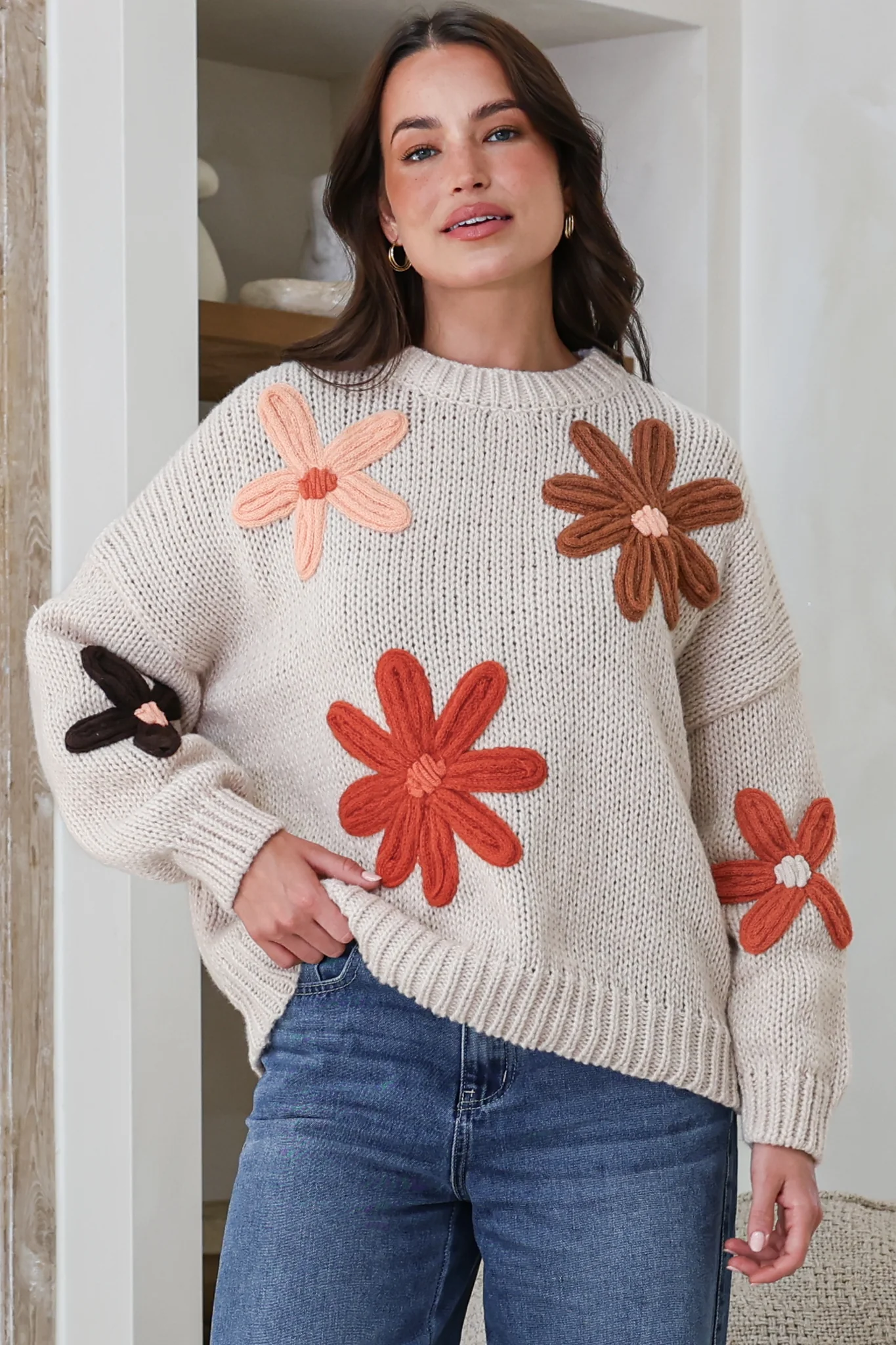 Wildflower Jumper - Chunky Knit Jumper with Flower Decals in Beige Multi - Image 4