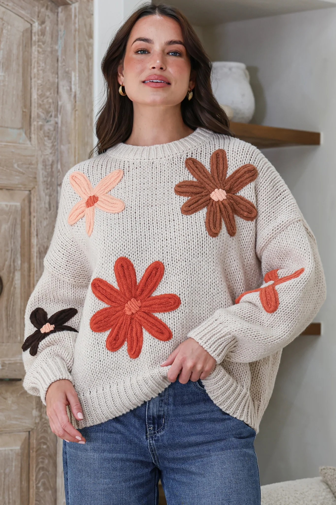 Wildflower Jumper - Chunky Knit Jumper with Flower Decals in Beige Multi - Image 5