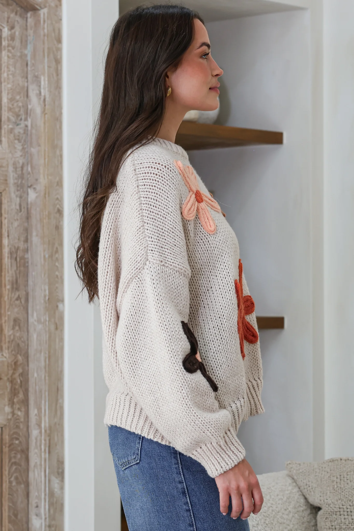 Wildflower Jumper - Chunky Knit Jumper with Flower Decals in Beige Multi - Image 6
