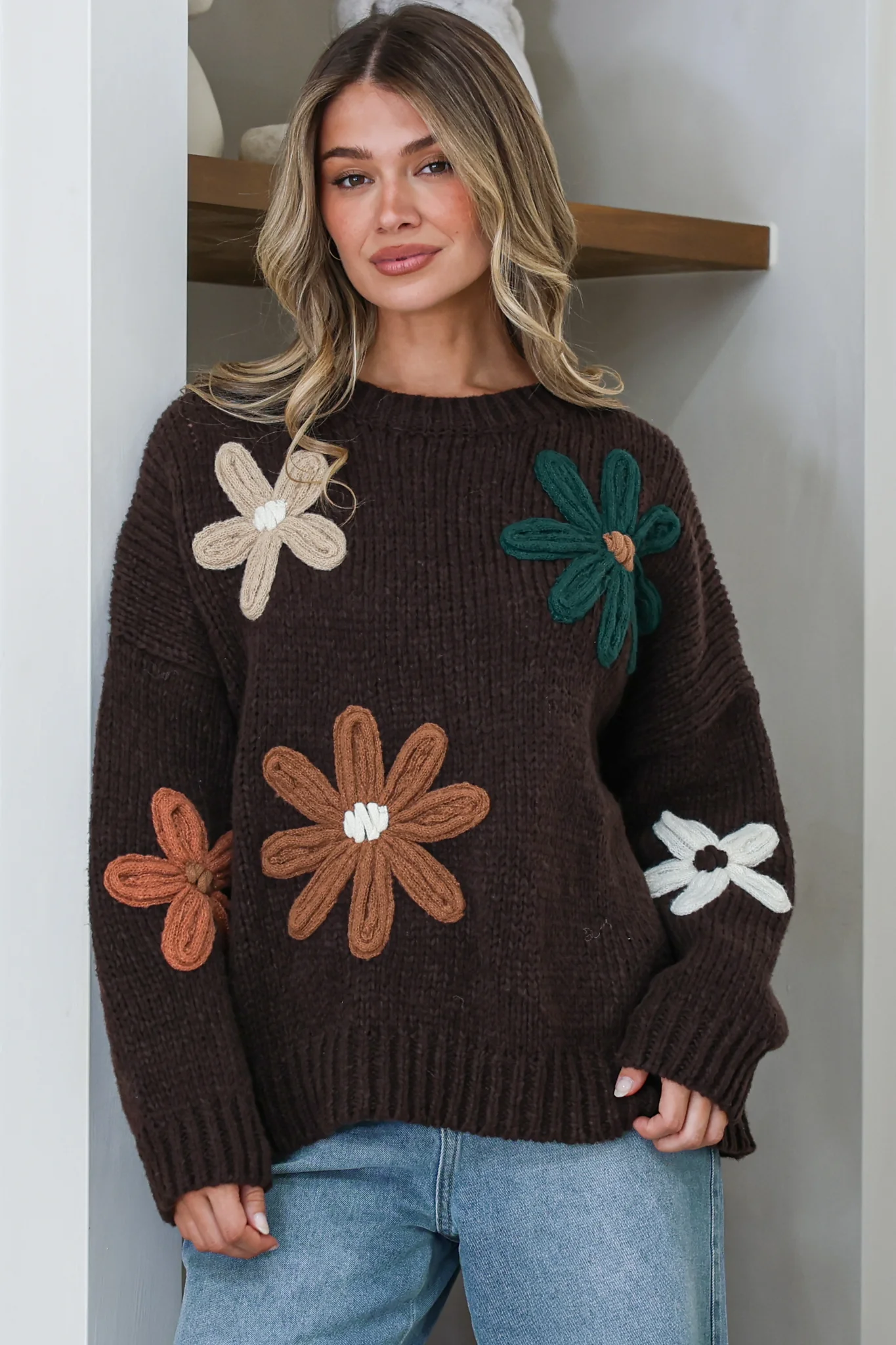 Wildflower Jumper - Chunky Knit Jumper with Flower Decals in Chocolate Multi