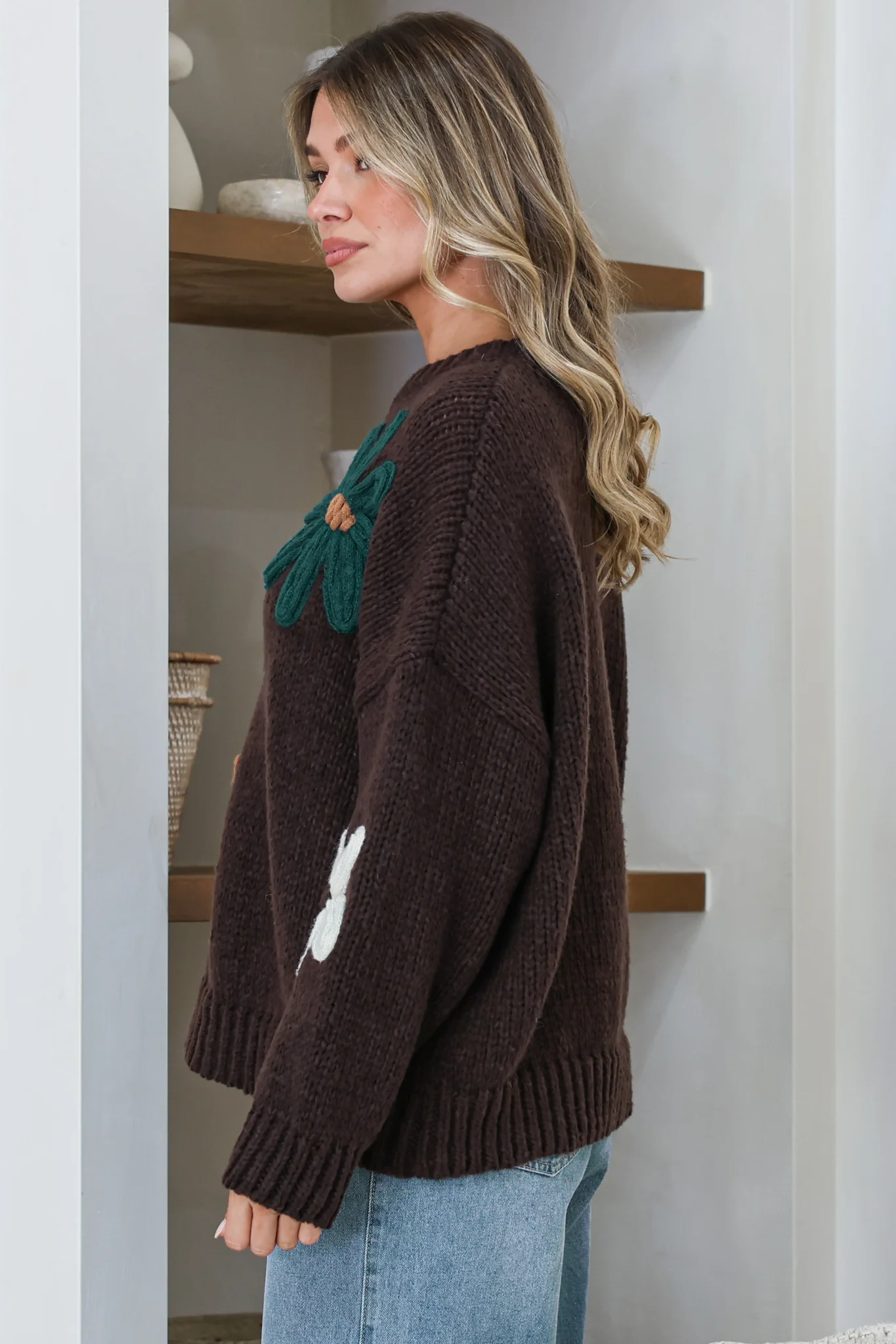 Wildflower Jumper - Chunky Knit Jumper with Flower Decals in Chocolate Multi - Image 6