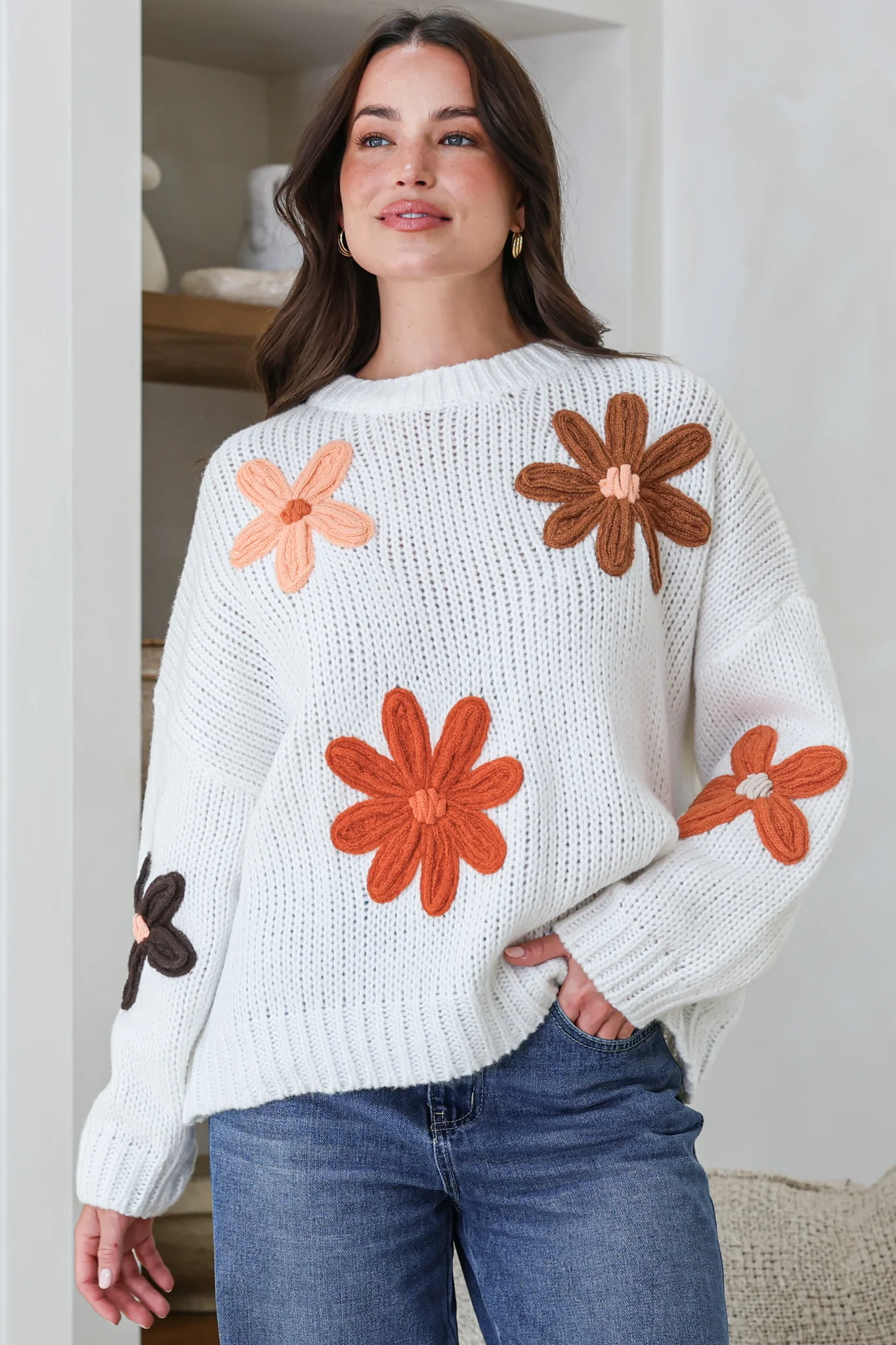 Wildflower Jumper - Chunky Knit Jumper with Flower Decals in White Multi
