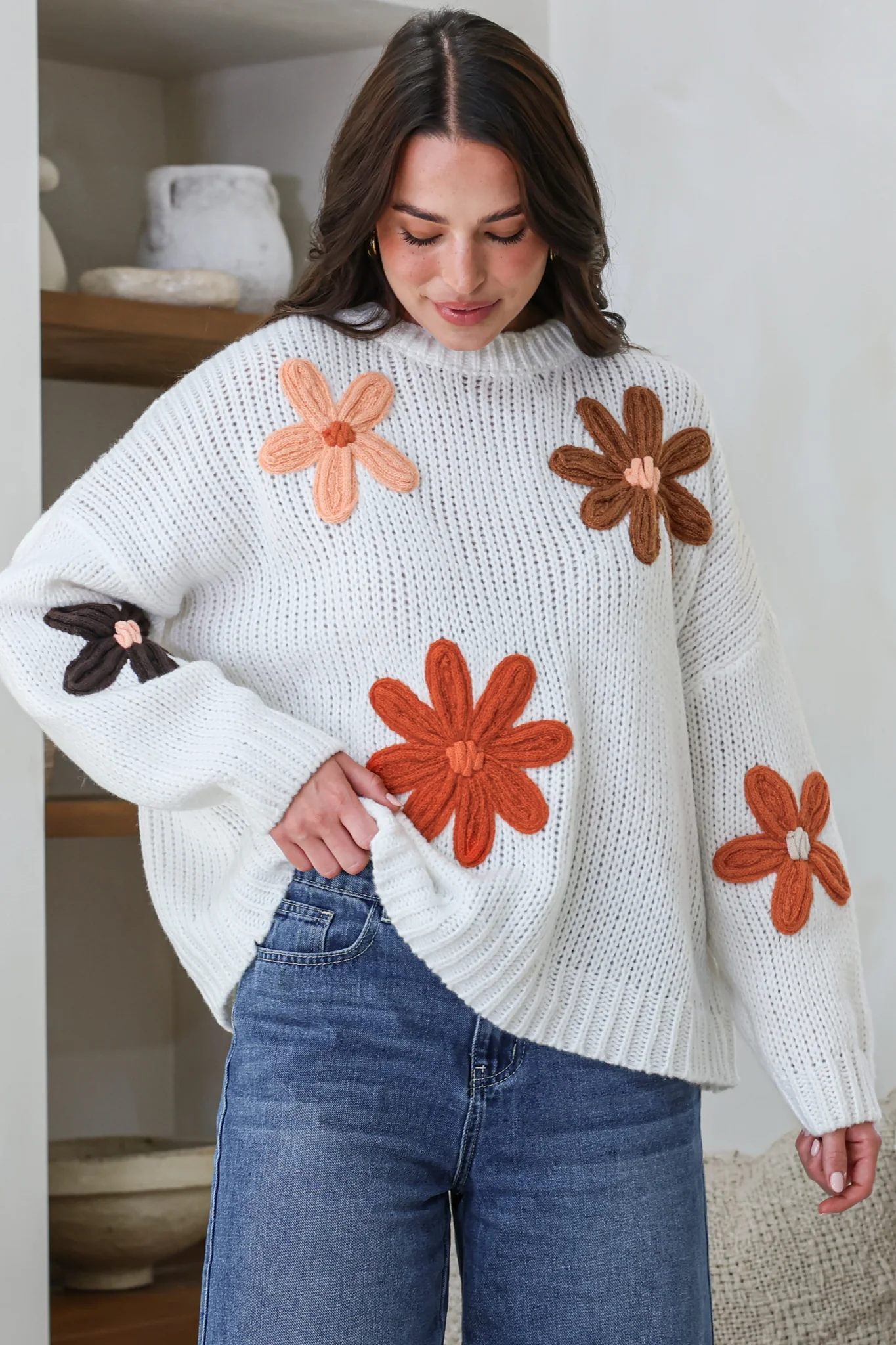 Wildflower Jumper - Chunky Knit Jumper with Flower Decals in White Multi - Image 3