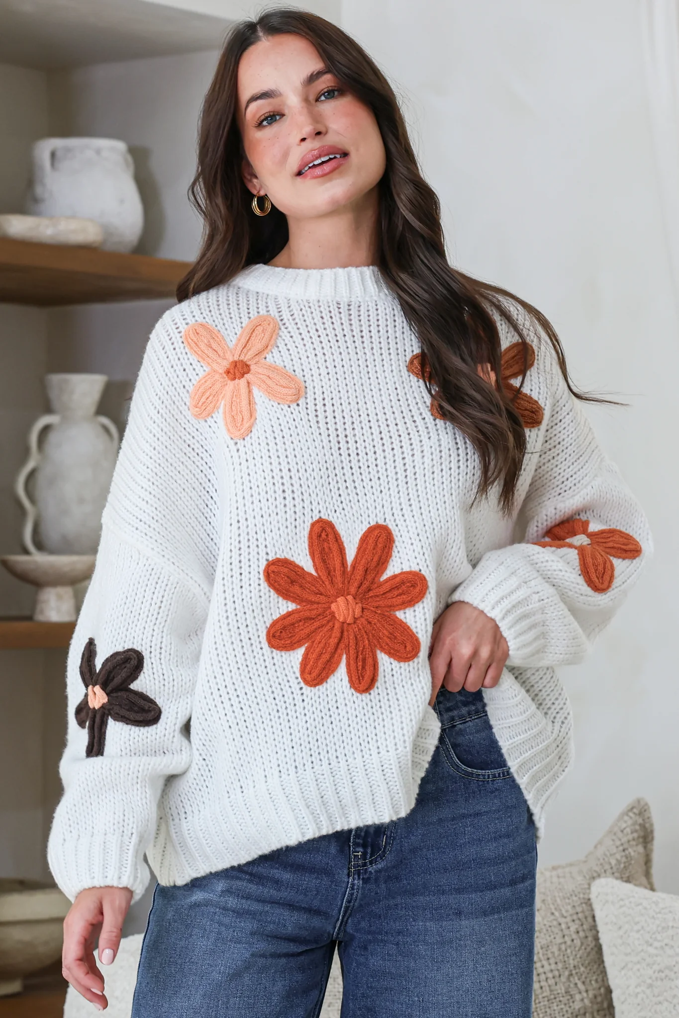 Wildflower Jumper - Chunky Knit Jumper with Flower Decals in White Multi - Image 4