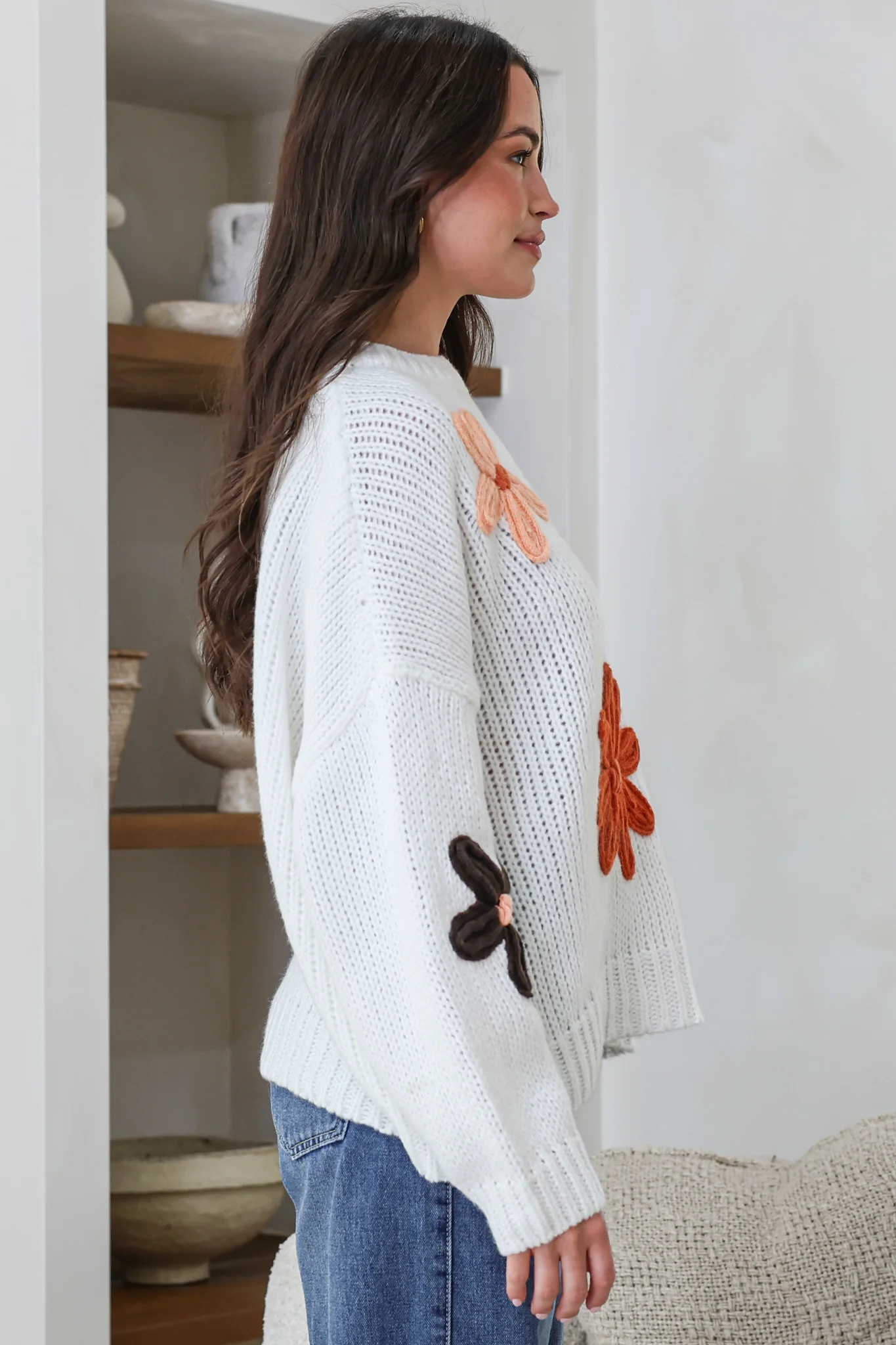 Wildflower Jumper - Chunky Knit Jumper with Flower Decals in White Multi - Image 5