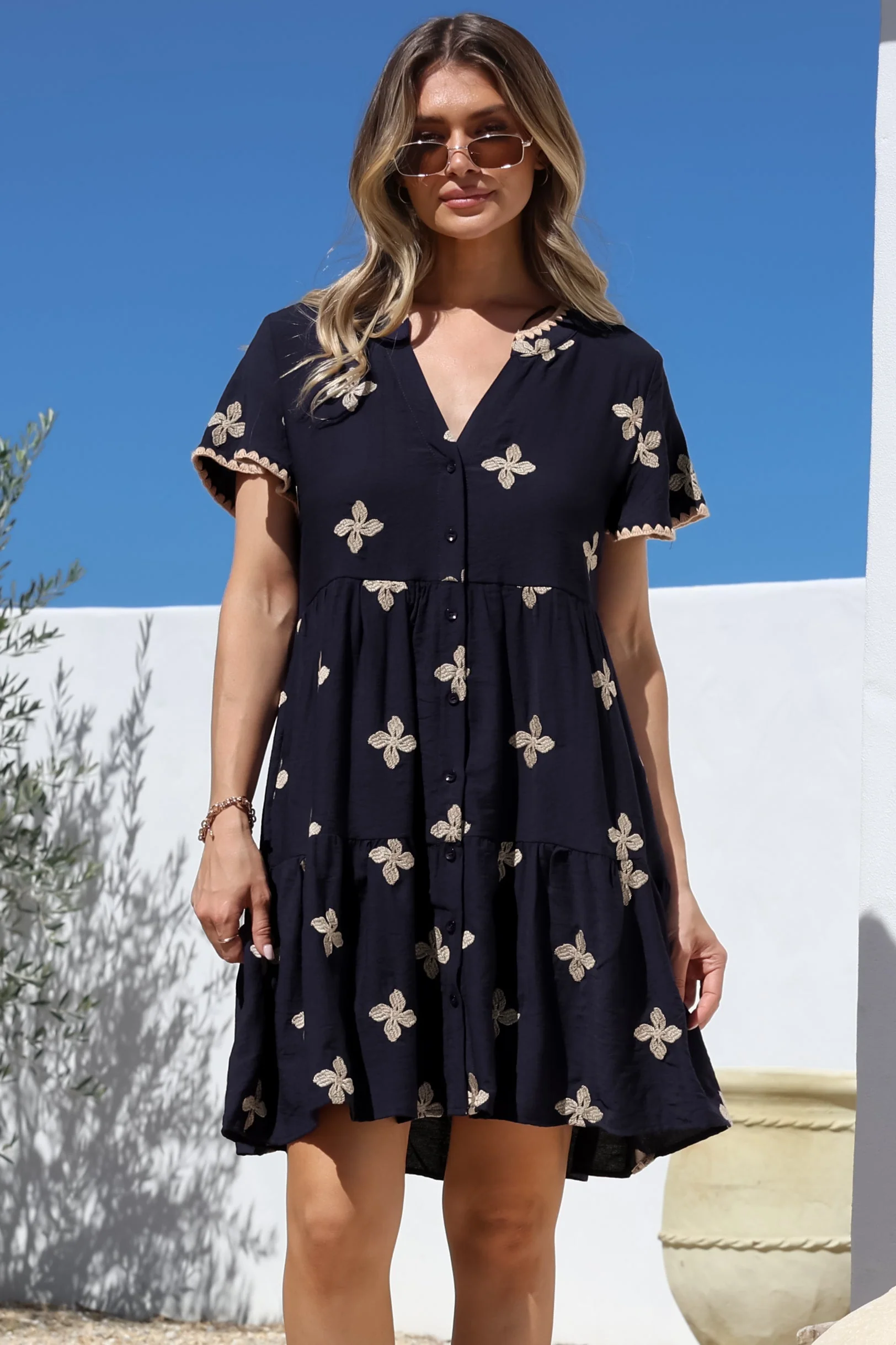 Wilma Mini Dress - Bermuda Collar Button Down Dress with Cap Sleeves in Gigi Print Navy