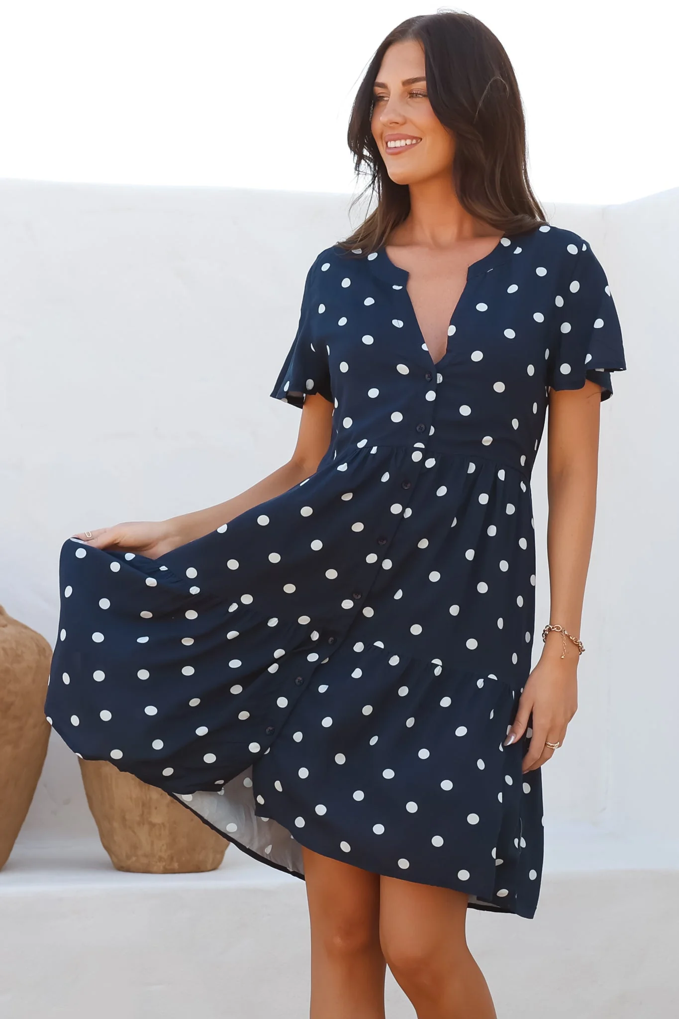 Wilma Mini Dress - Bermuda Collar Button Down Dress with Cap Sleeves in Parisian Polka Navy - Image 3